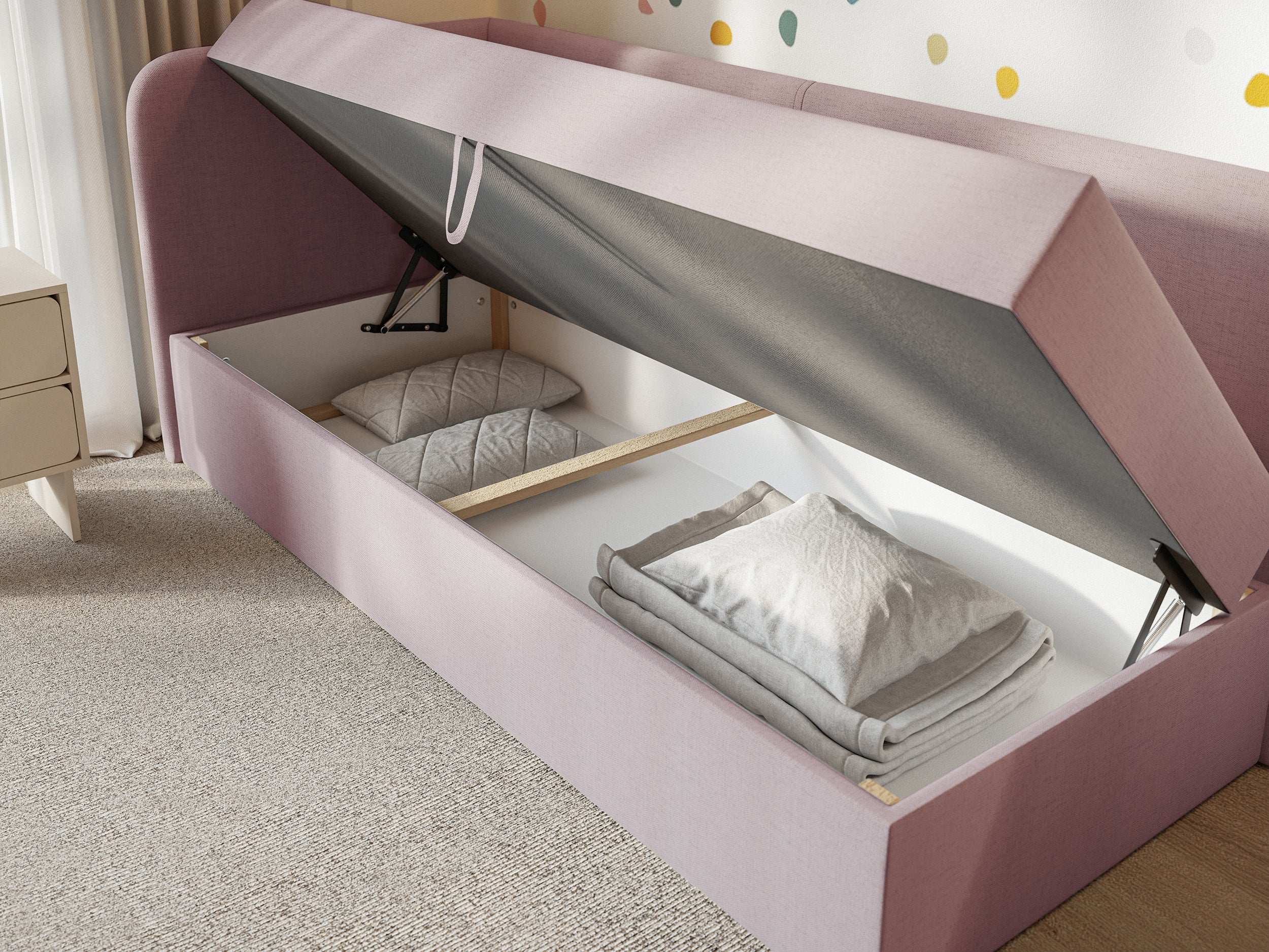 Jugendbett 90x200 cm Calmmo linksseitig mit Stauraum, rosa hydrophobes Chenille