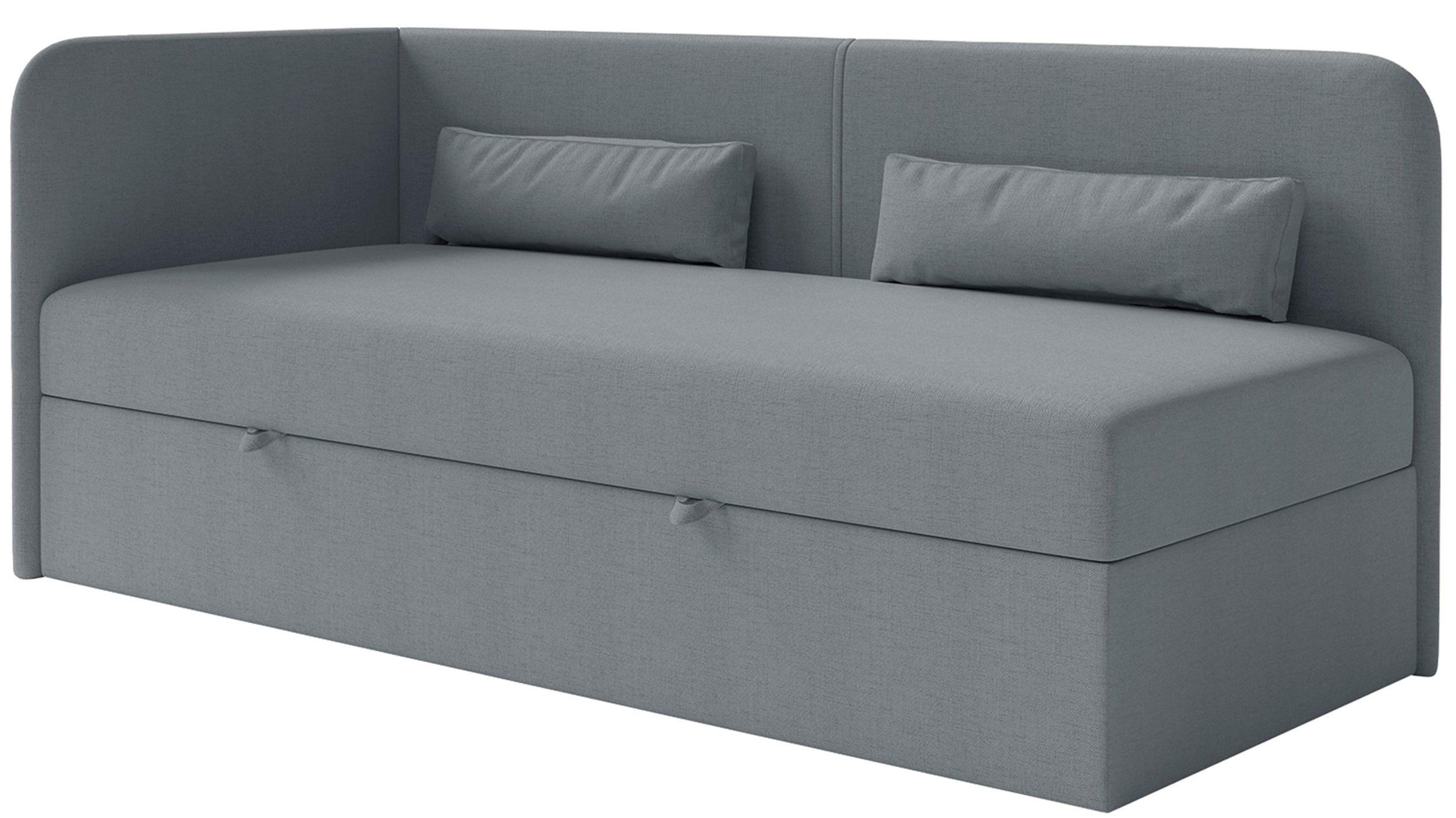 Jugendbett 90x200 cm Calmmo linksseitig mit Stauraum, dunkelgrauer hydrophober Chenillestoff