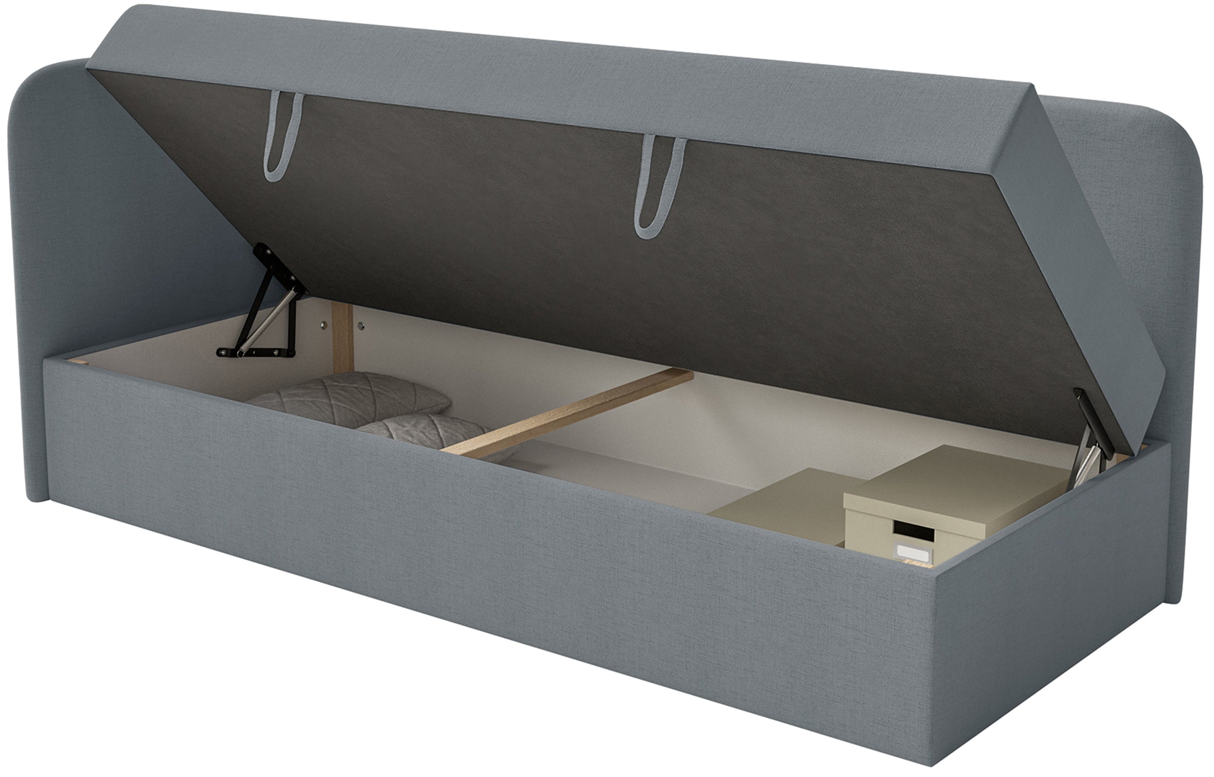 Jugendbett 90x200 cm Calmmo linksseitig mit Stauraum, dunkelgrauer hydrophober Chenillestoff