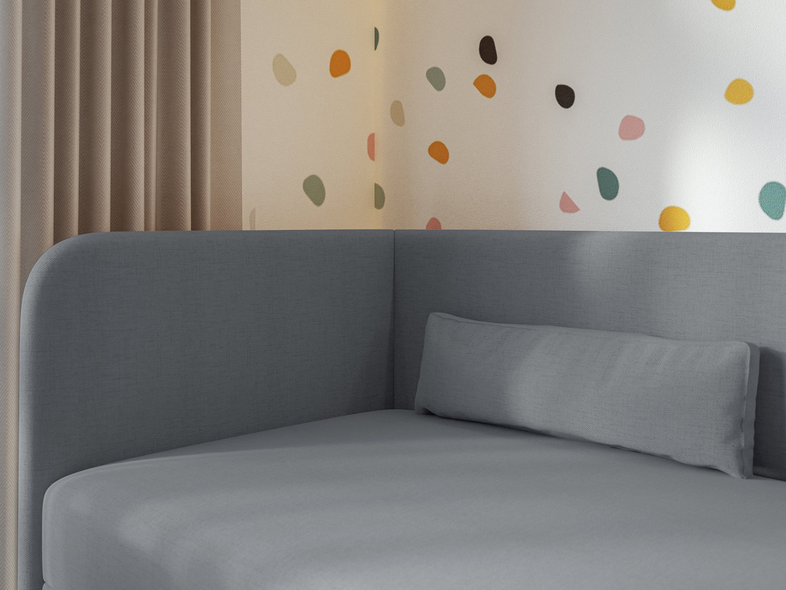 Jugendbett 90x200 cm Calmmo linksseitig mit Stauraum, dunkelgrauer hydrophober Chenillestoff