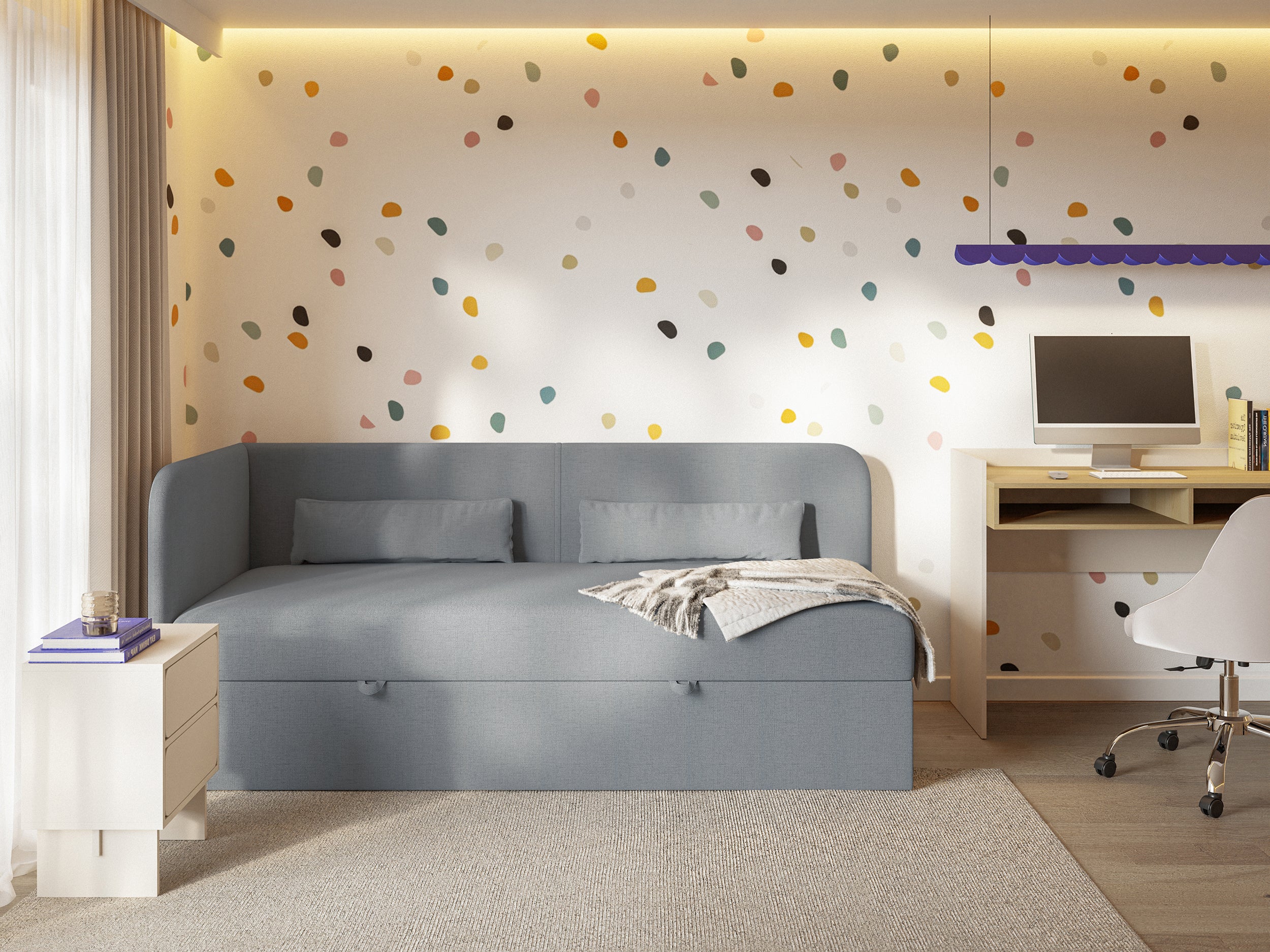 Jugendbett 90x200 cm Calmmo linksseitig mit Stauraum, dunkelgrauer hydrophober Chenillestoff