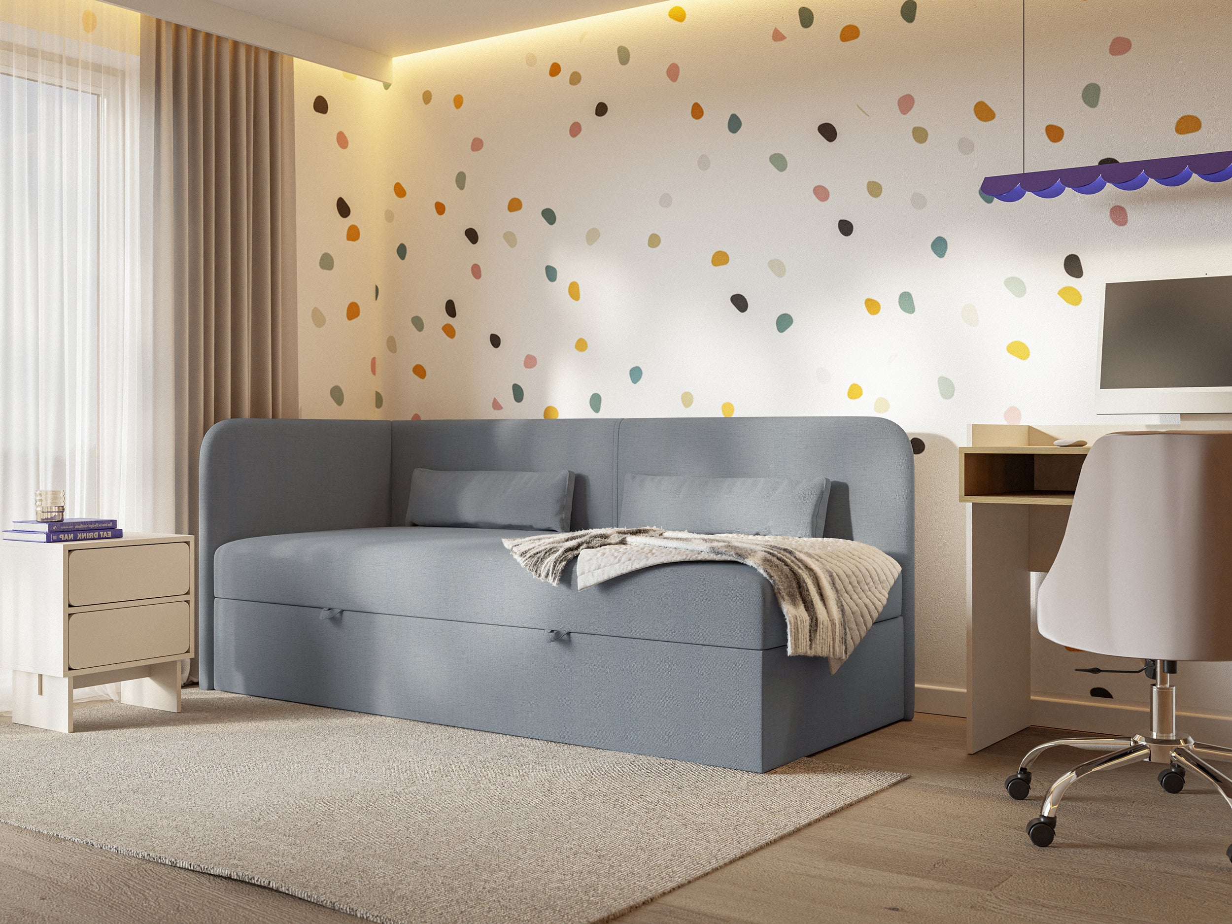 Jugendbett 90x200 cm Calmmo linksseitig mit Stauraum, dunkelgrauer hydrophober Chenillestoff