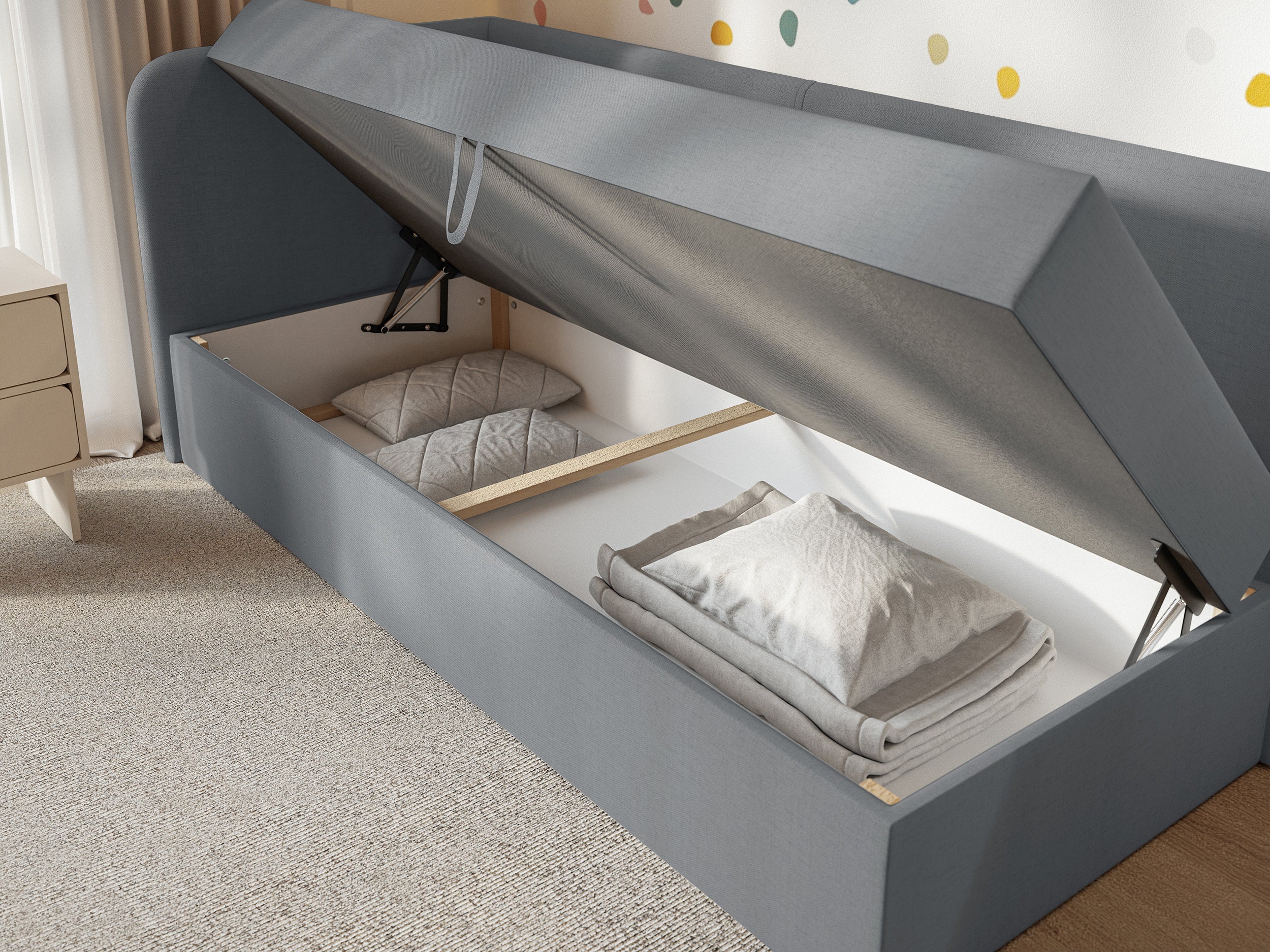 Jugendbett 90x200 cm Calmmo linksseitig mit Stauraum, dunkelgrauer hydrophober Chenillestoff