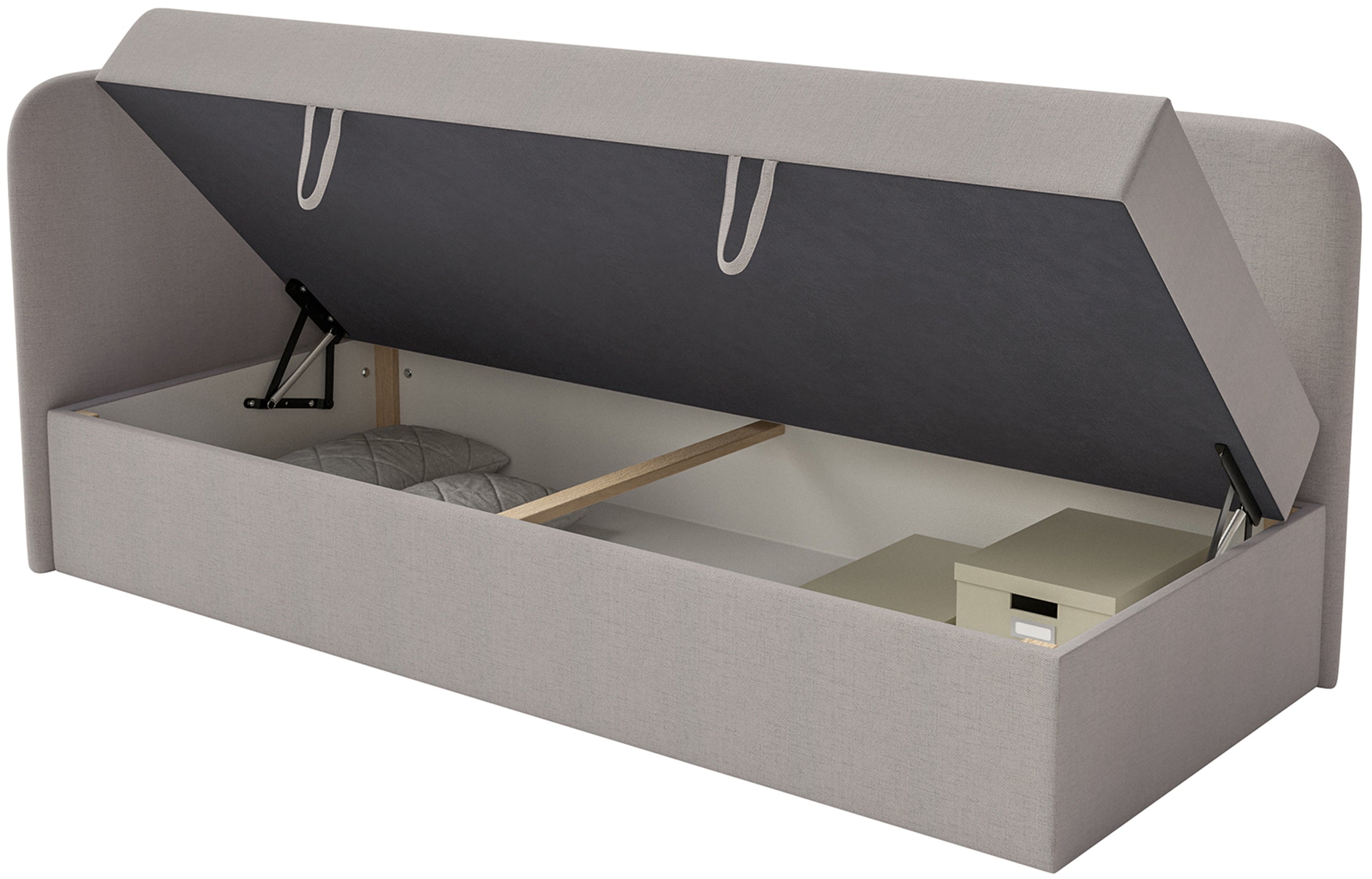Jugendbett 90x200 cm Calmmo linksseitig mit Stauraum, dunkelbeige Chenille, wasserabweisend