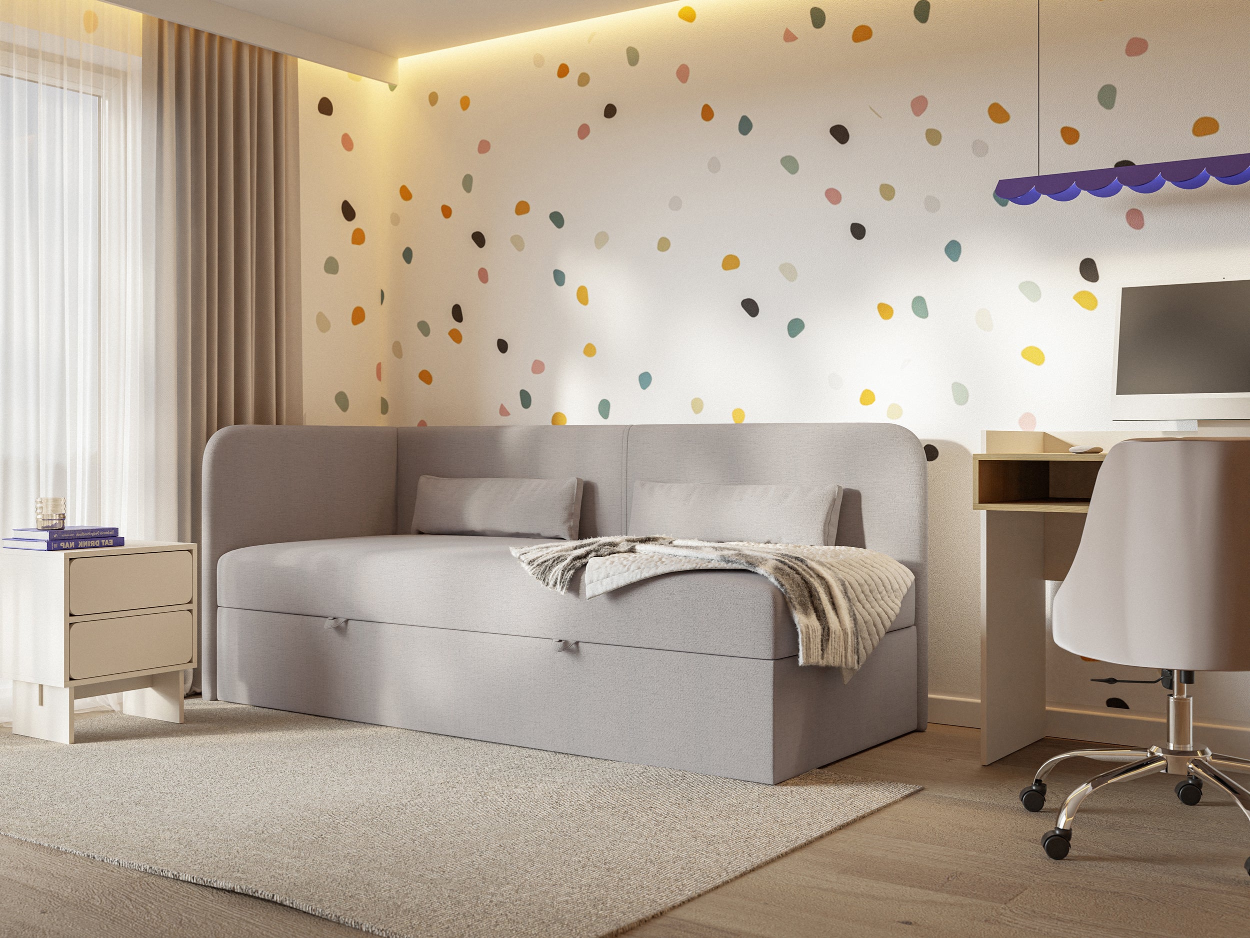 Jugendbett 90x200 cm Calmmo linksseitig mit Stauraum, dunkelbeige Chenille, wasserabweisend