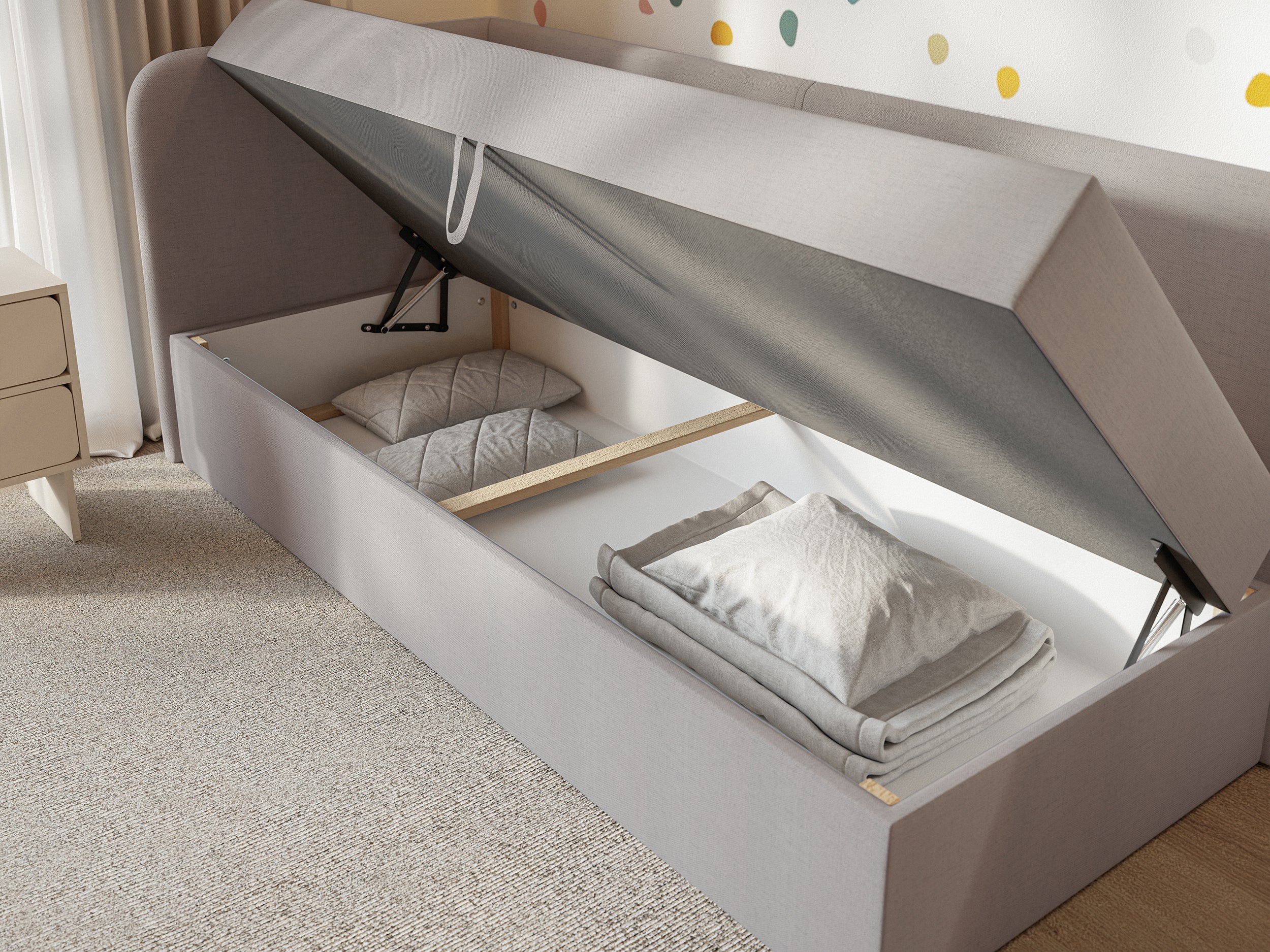 Jugendbett 90x200 cm Calmmo linksseitig mit Stauraum, dunkelbeige Chenille, wasserabweisend