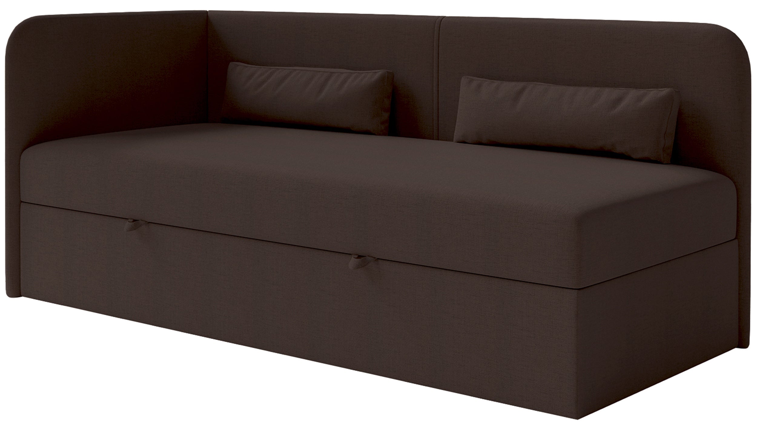 Jugendbett 90x200 cm Calmmo linksseitig mit Stauraum, dunkelbrauner hydrophober Chenillebezug