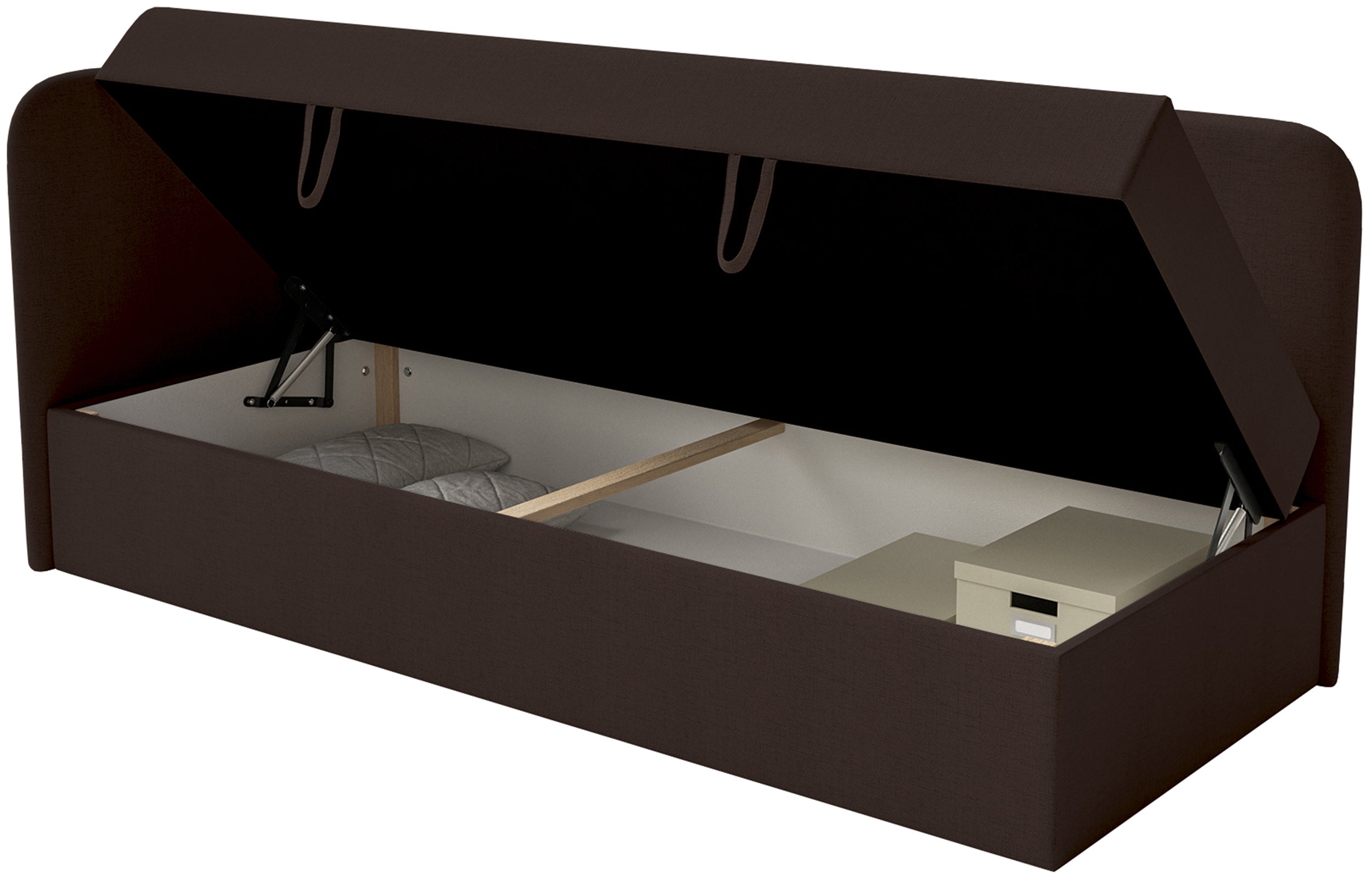 Jugendbett 90x200 cm Calmmo linksseitig mit Stauraum, dunkelbrauner hydrophober Chenillebezug
