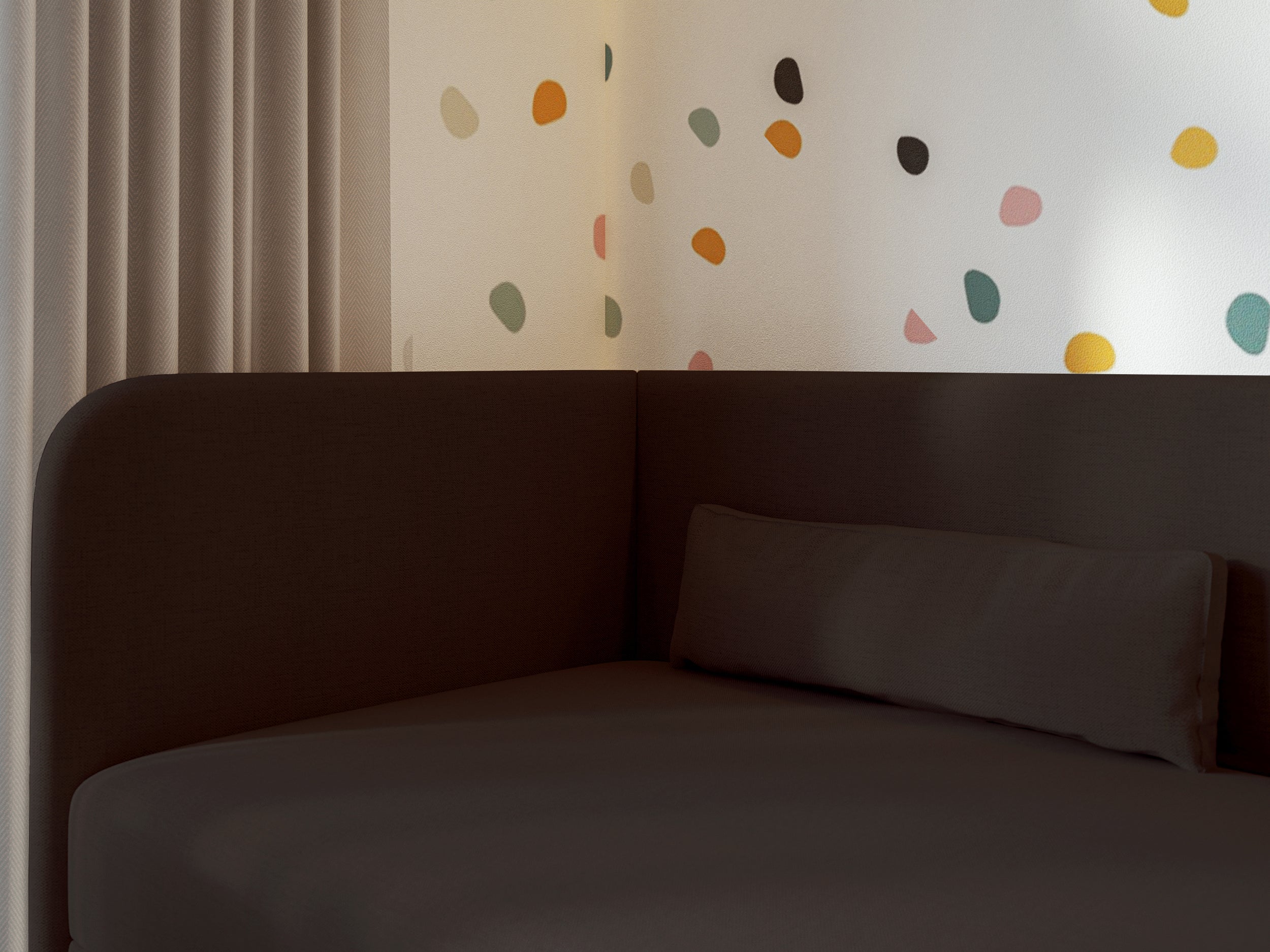 Jugendbett 90x200 cm Calmmo linksseitig mit Stauraum, dunkelbrauner hydrophober Chenillebezug