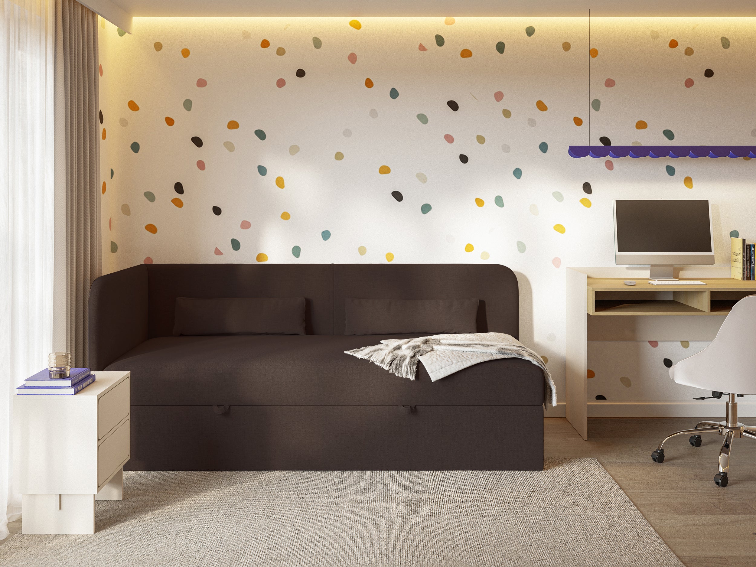Jugendbett 90x200 cm Calmmo linksseitig mit Stauraum, dunkelbrauner hydrophober Chenillebezug