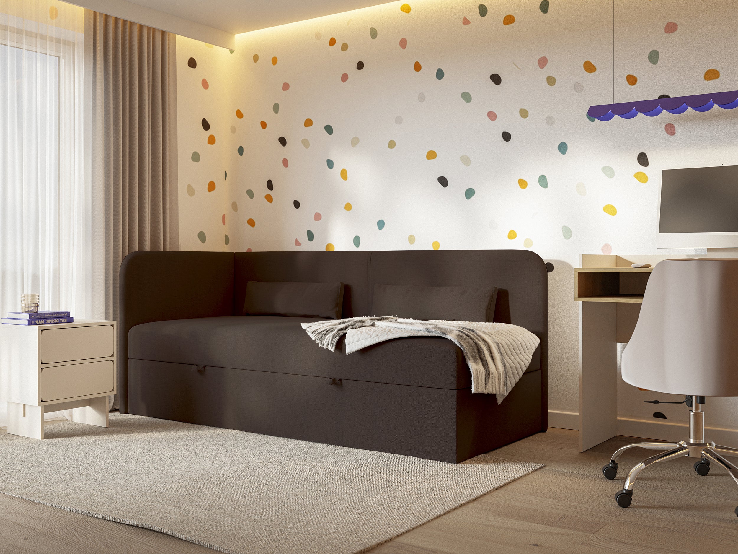 Jugendbett 90x200 cm Calmmo linksseitig mit Stauraum, dunkelbrauner hydrophober Chenillebezug