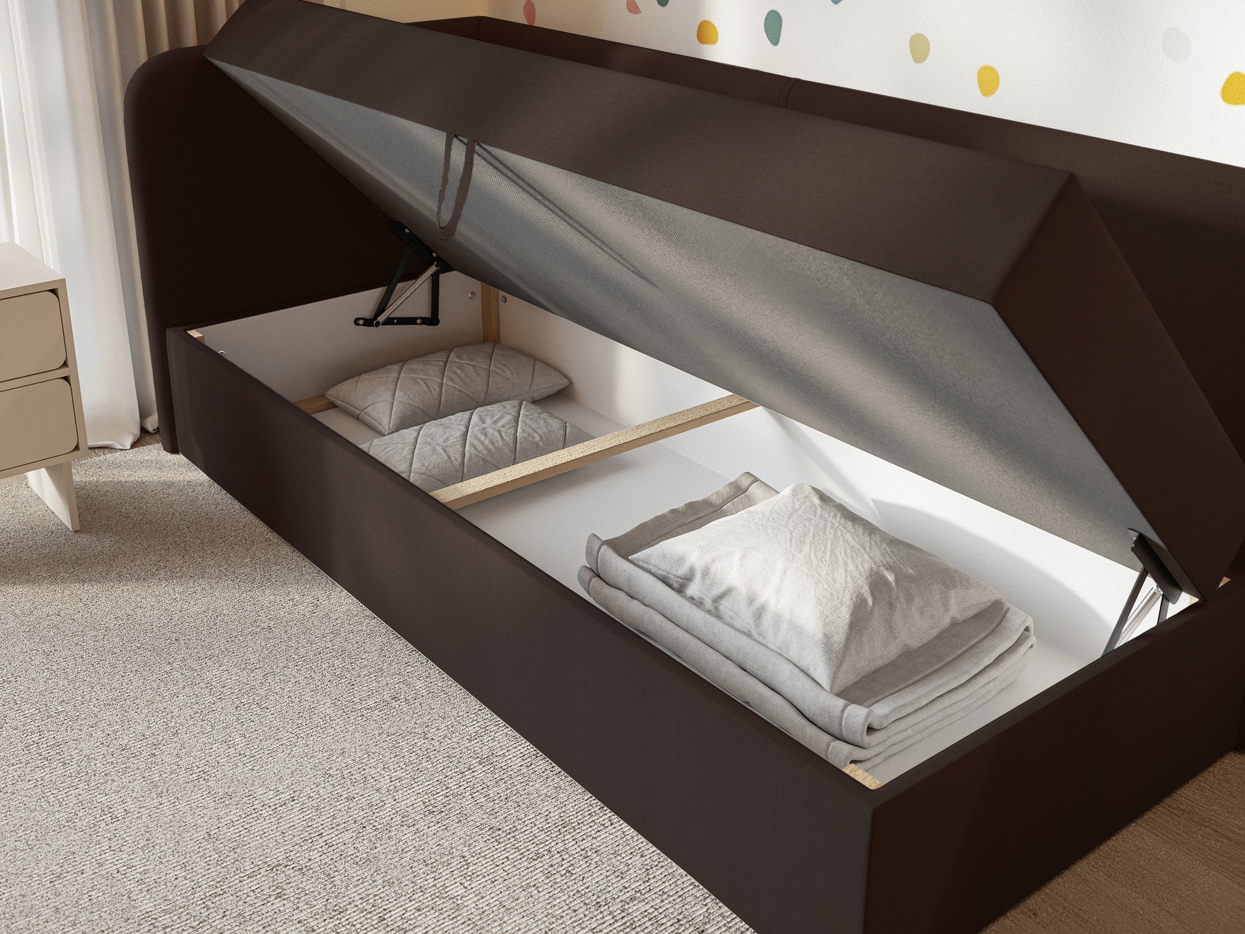 Jugendbett 90x200 cm Calmmo linksseitig mit Stauraum, dunkelbrauner hydrophober Chenillebezug