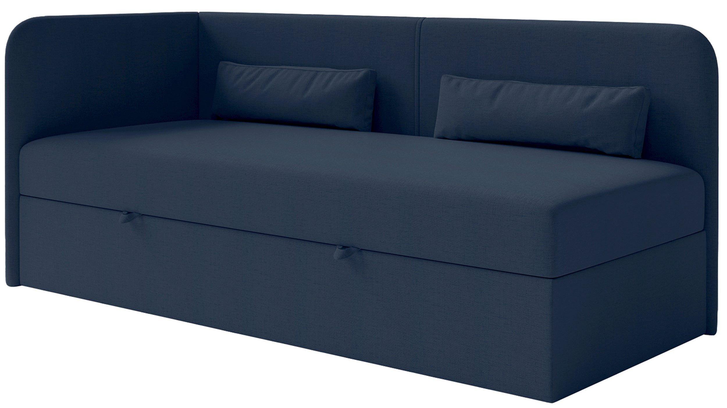 Jugendbett 90x200 cm Calmmo linksseitig mit Stauraum, marineblauer hydrofober Chenille-Stoff