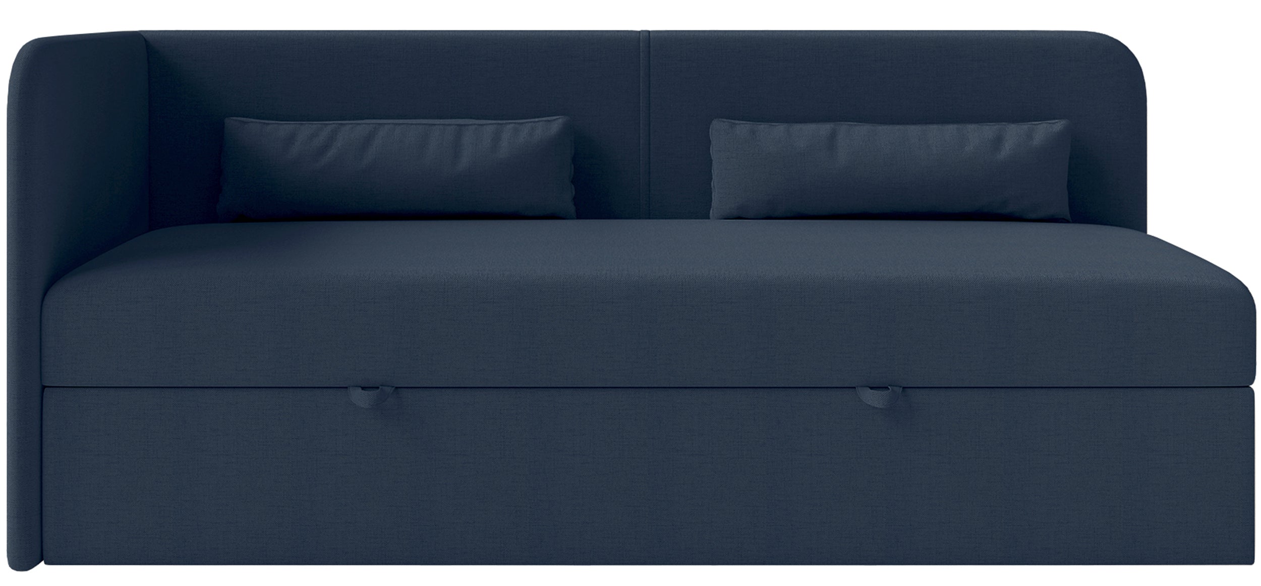 Jugendbett 90x200 cm Calmmo linksseitig mit Stauraum, marineblauer hydrofober Chenille-Stoff