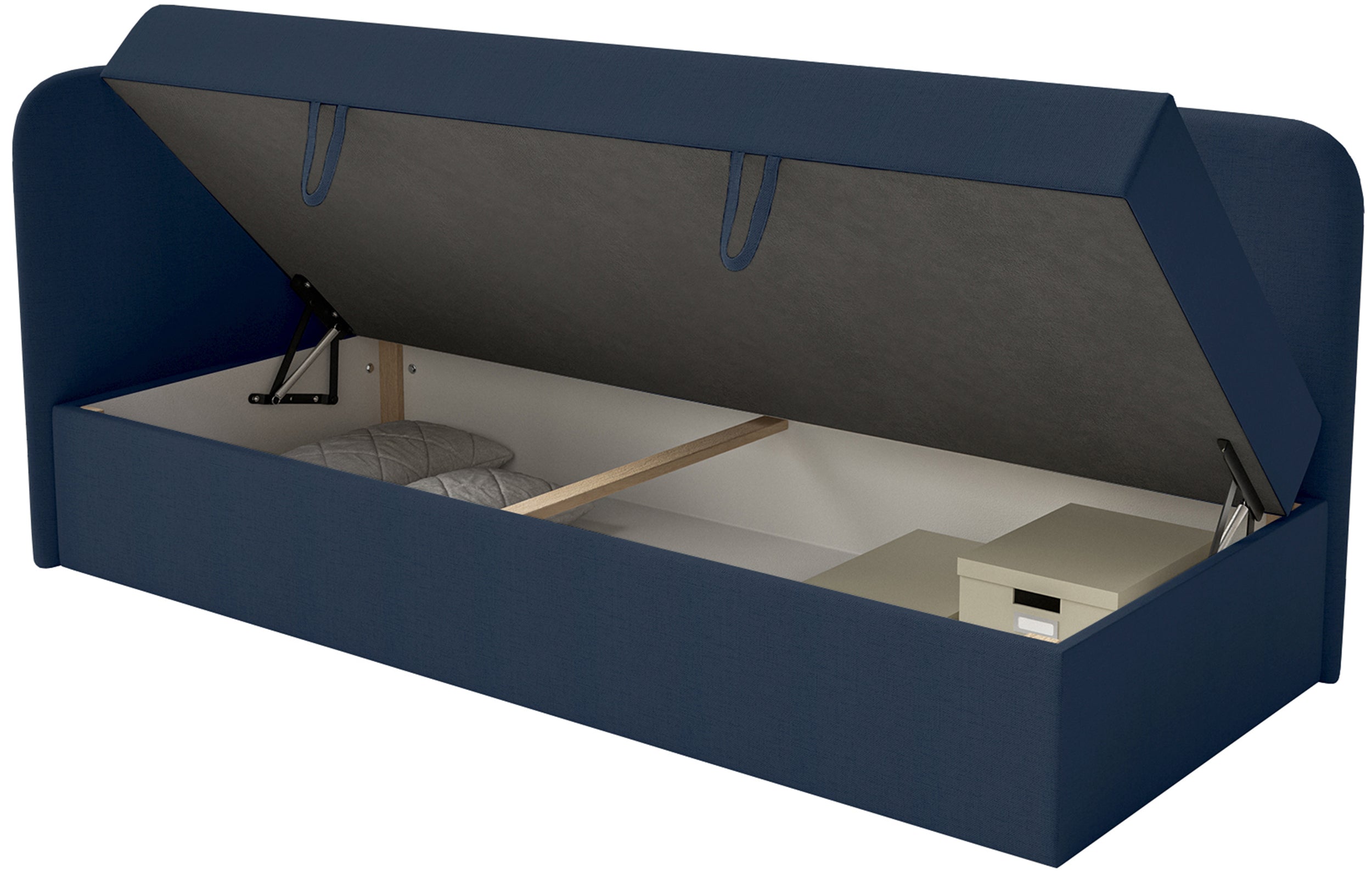 Jugendbett 90x200 cm Calmmo linksseitig mit Stauraum, marineblauer hydrofober Chenille-Stoff