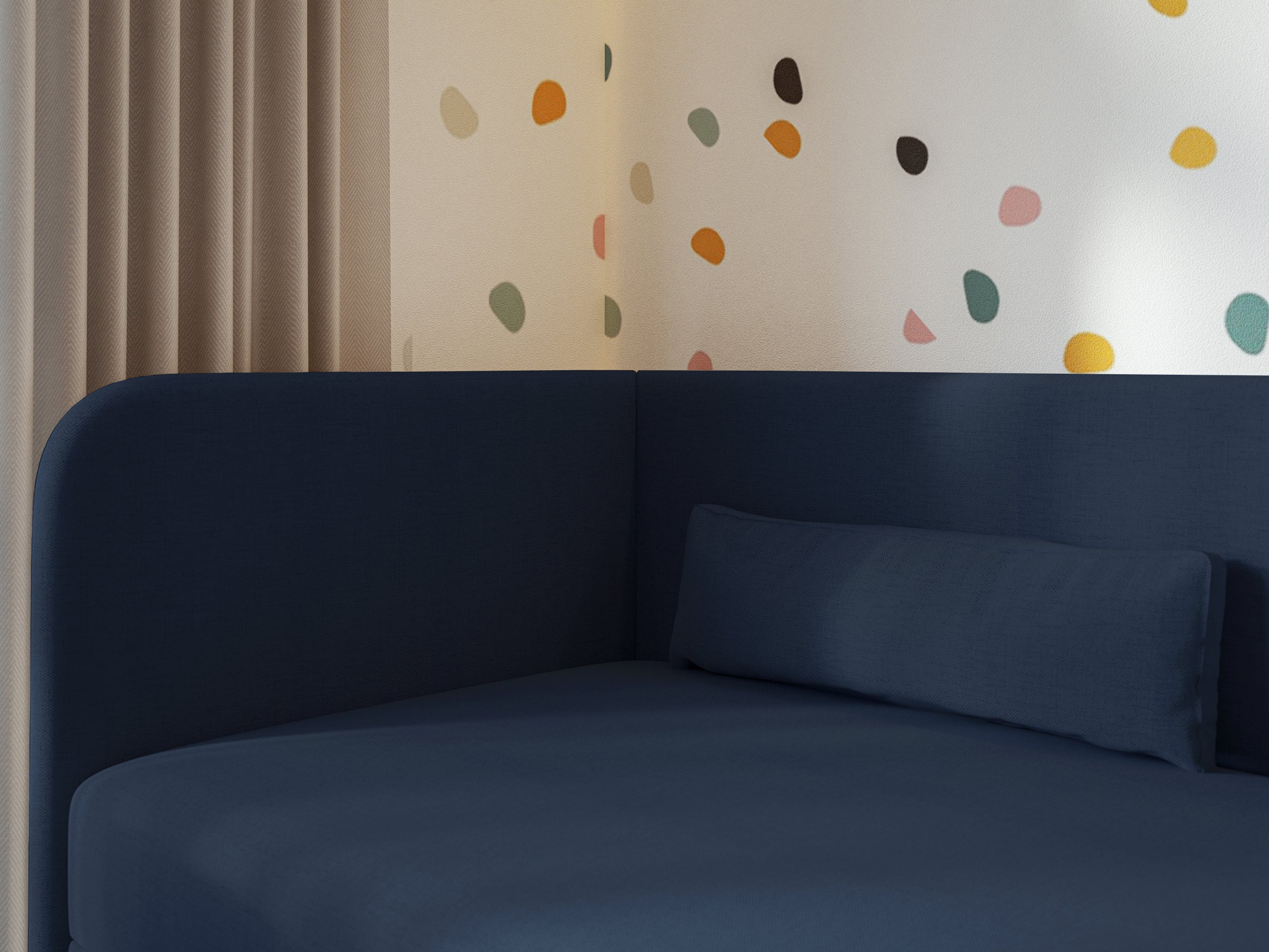 Jugendbett 90x200 cm Calmmo linksseitig mit Stauraum, marineblauer hydrofober Chenille-Stoff