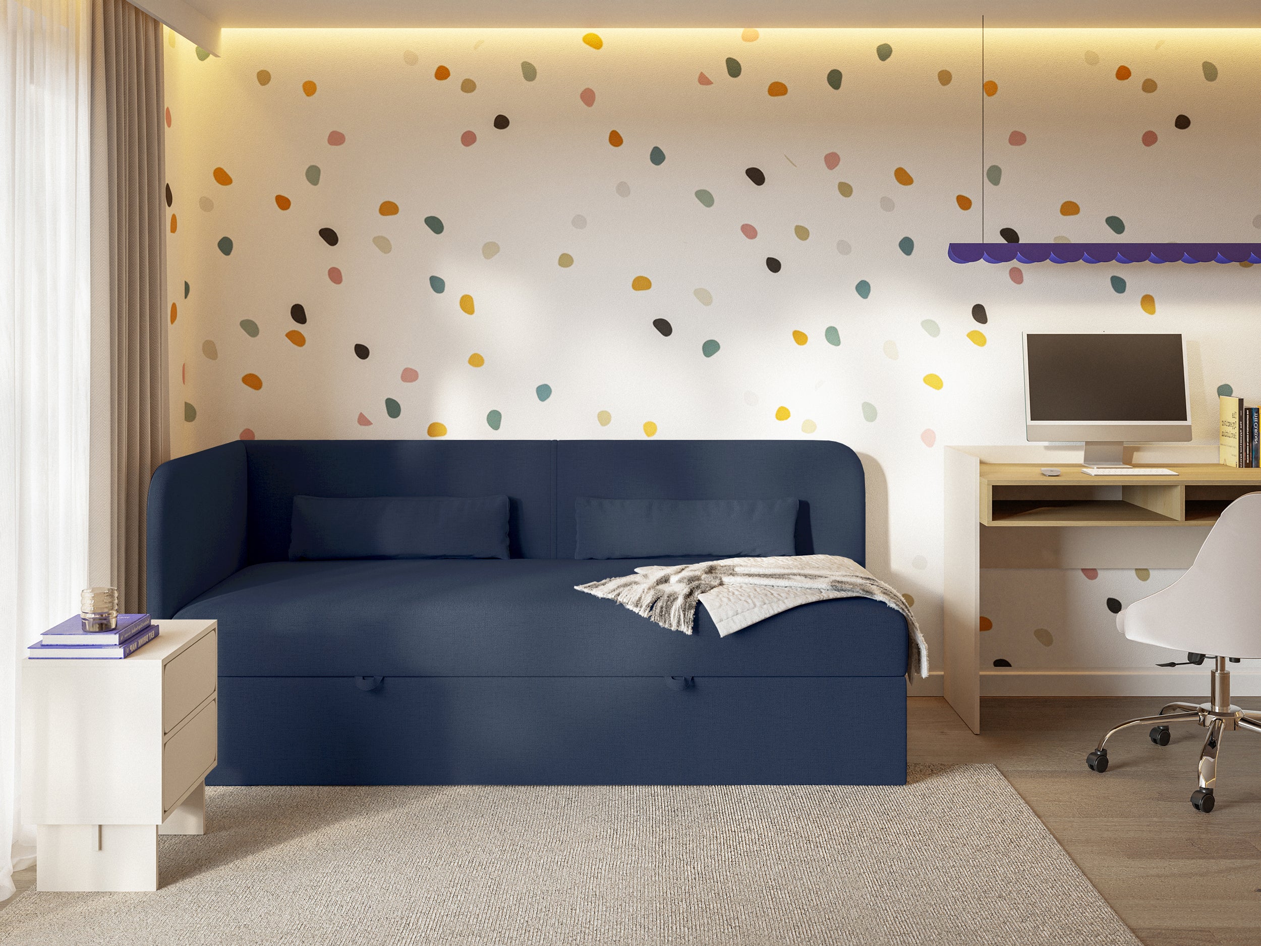 Jugendbett 90x200 cm Calmmo linksseitig mit Stauraum, marineblauer hydrofober Chenille-Stoff