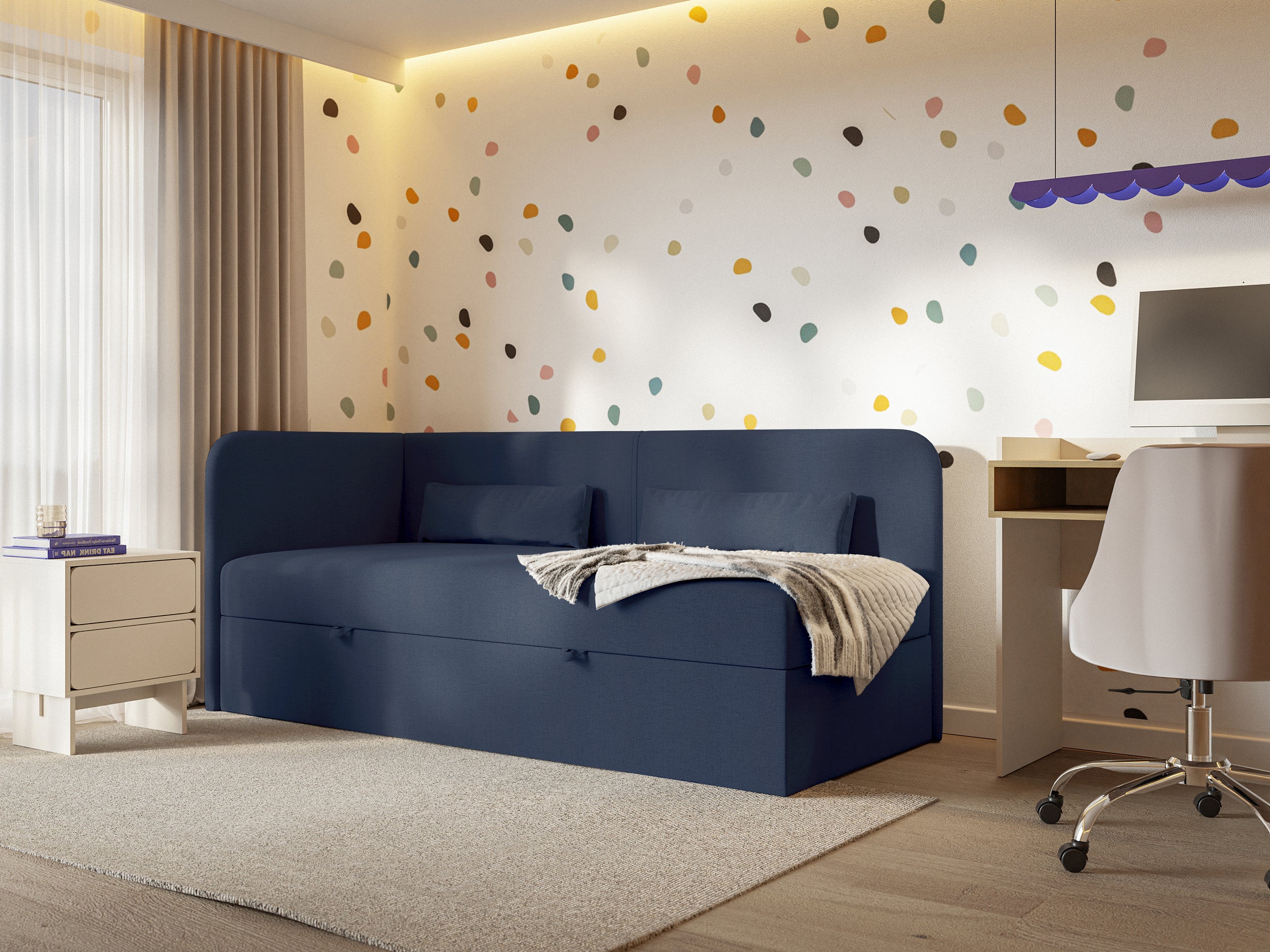 Jugendbett 90x200 cm Calmmo linksseitig mit Stauraum, marineblauer hydrofober Chenille-Stoff