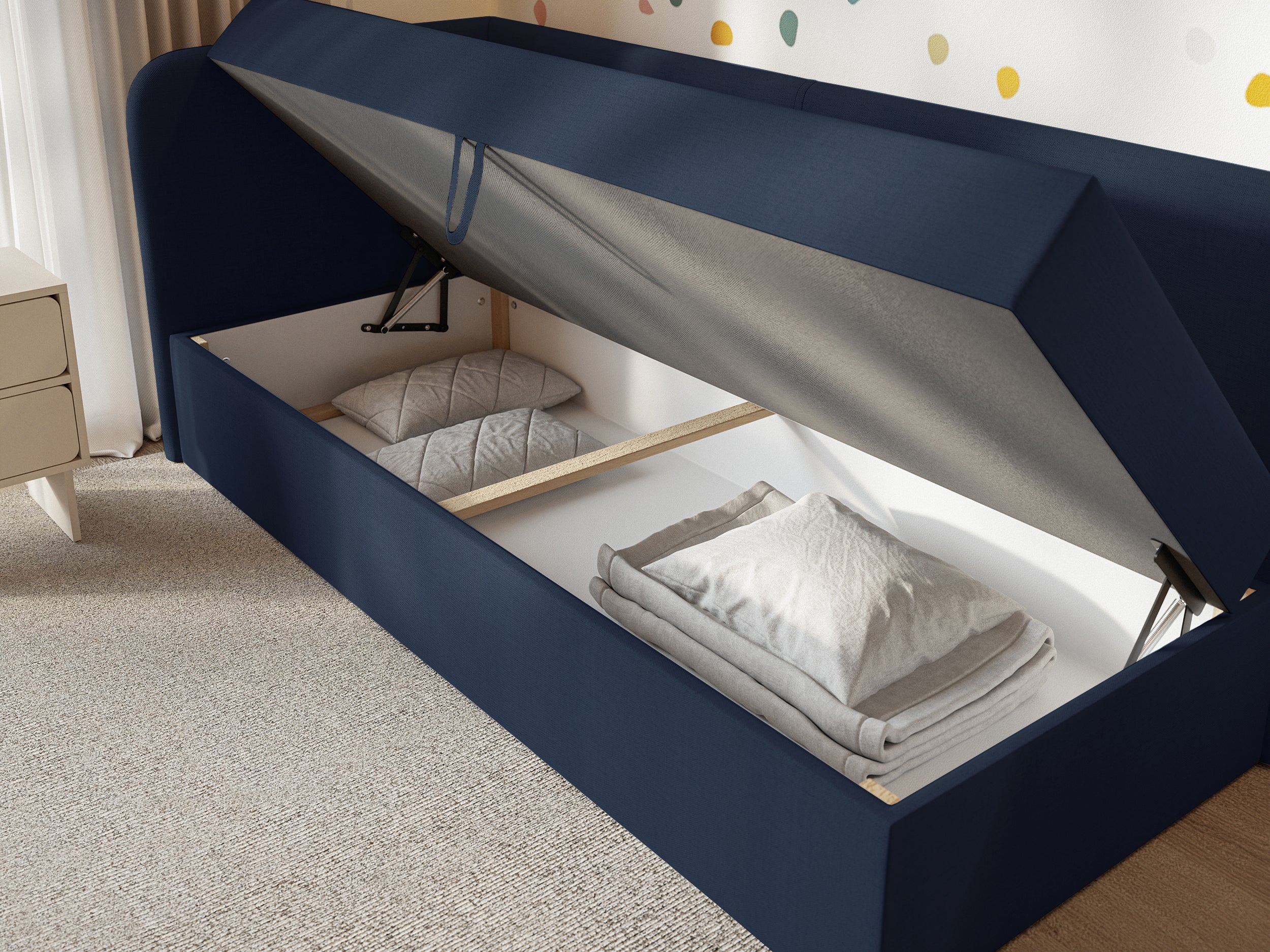 Jugendbett 90x200 cm Calmmo linksseitig mit Stauraum, marineblauer hydrofober Chenille-Stoff
