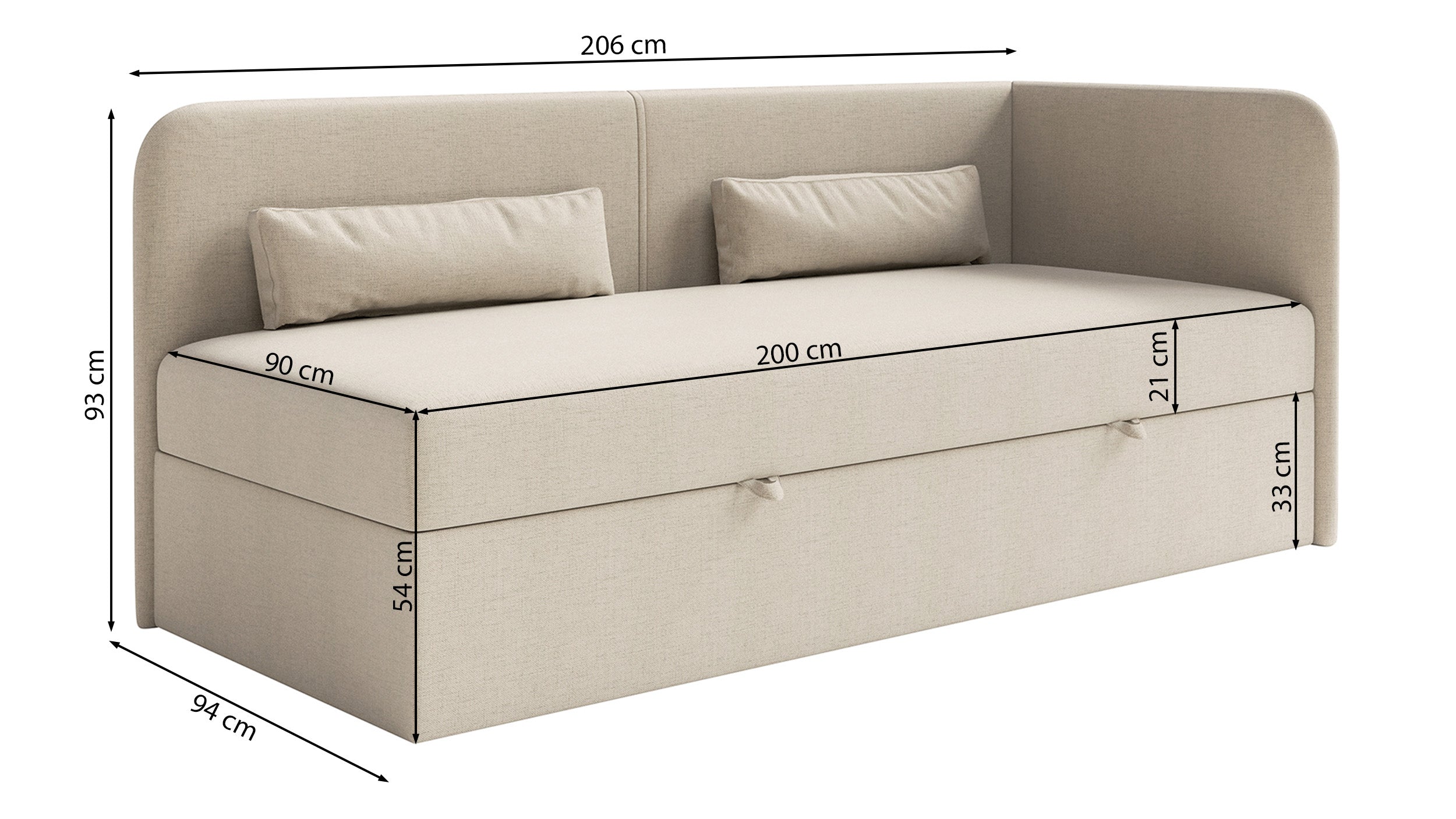 Jugendbett 90x200 cm Calmmo rechtsseitig mit Stauraum, hellbeiger hydrophober Chenille-Stoff