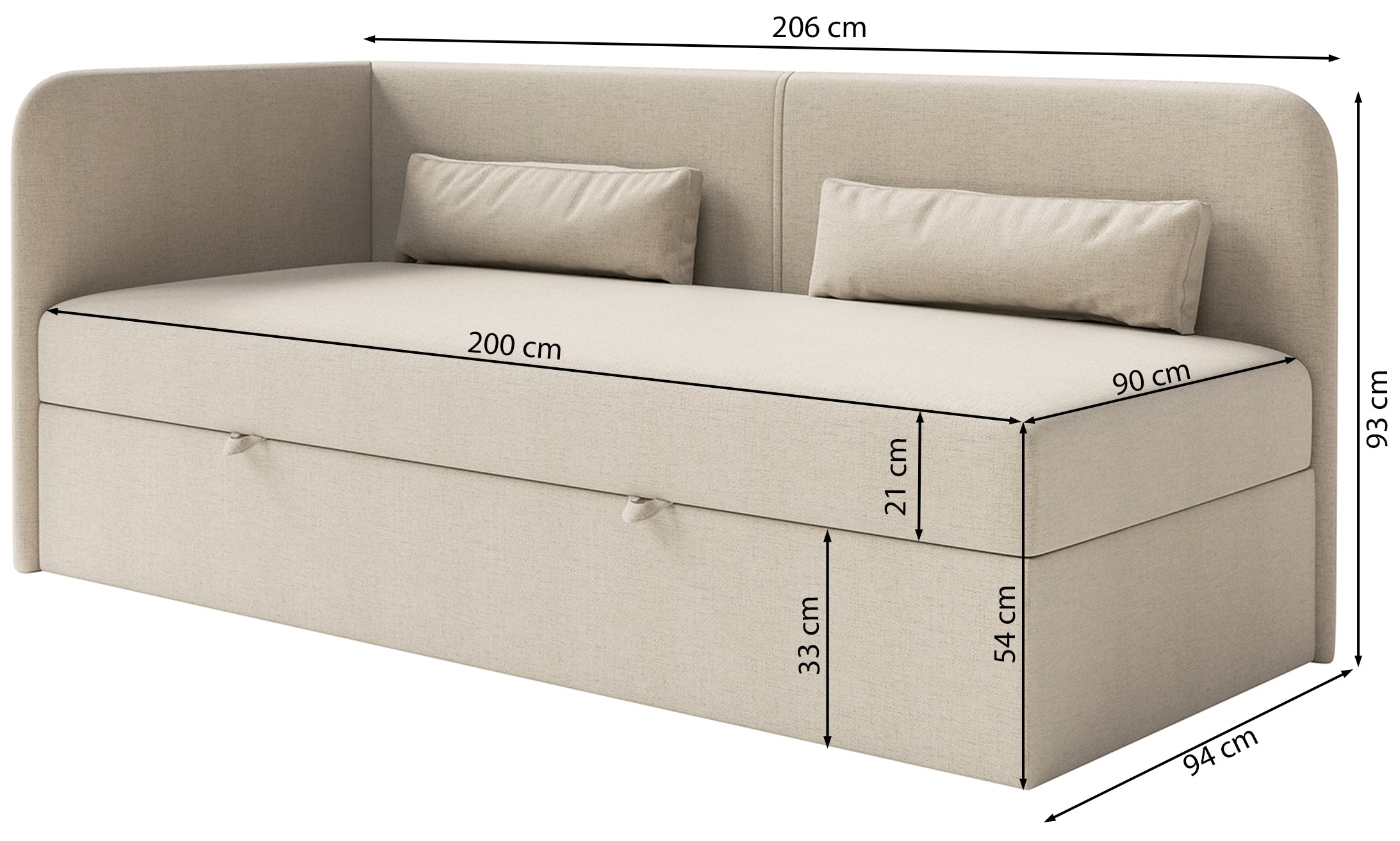 Jugendbett 90x200 cm Calmmo, linksseitig, mit Stauraum, hellbeige Chenille, wasserabweisend