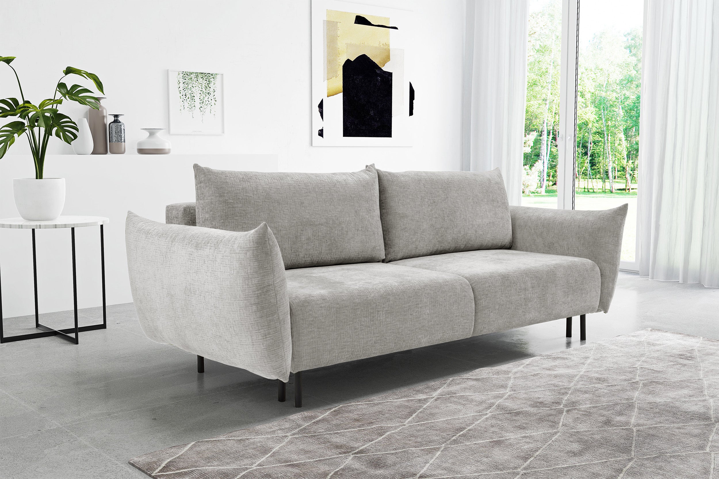 Dreisitziges ausklappbares Sofa Candeiro mit Stauraum, grauer Chenille-Bezug
