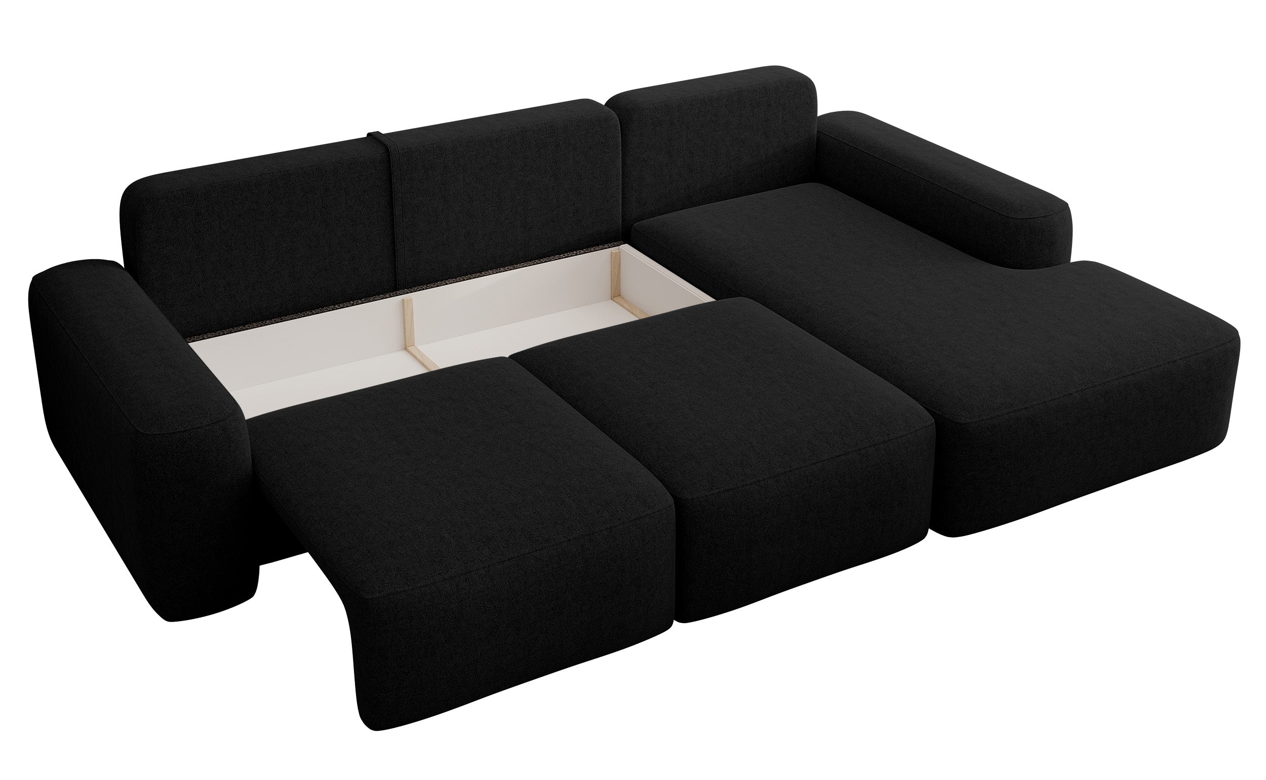 Ecksofa mit Schlaffunktion Carnos, L-förmig, mit zusätzlichen Lendenkissen, schwarzer hydrophober Chenille, rechtsseitig