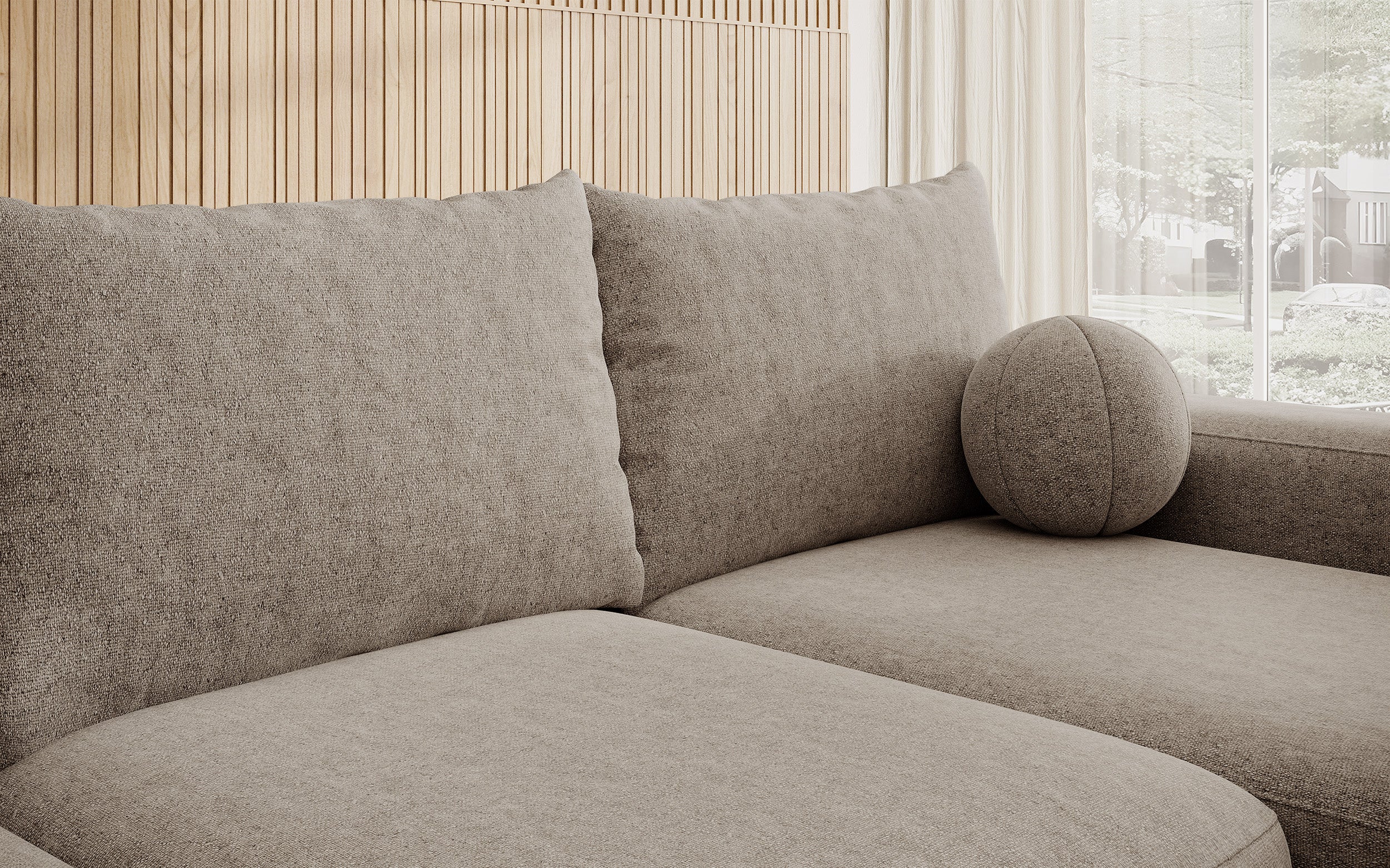 Ecksofa mit Schlaffunktion Carnos, L-förmig, mit Ball, einzelne Kissen, hellbrauner hydrophober Chenille, rechtsseitig