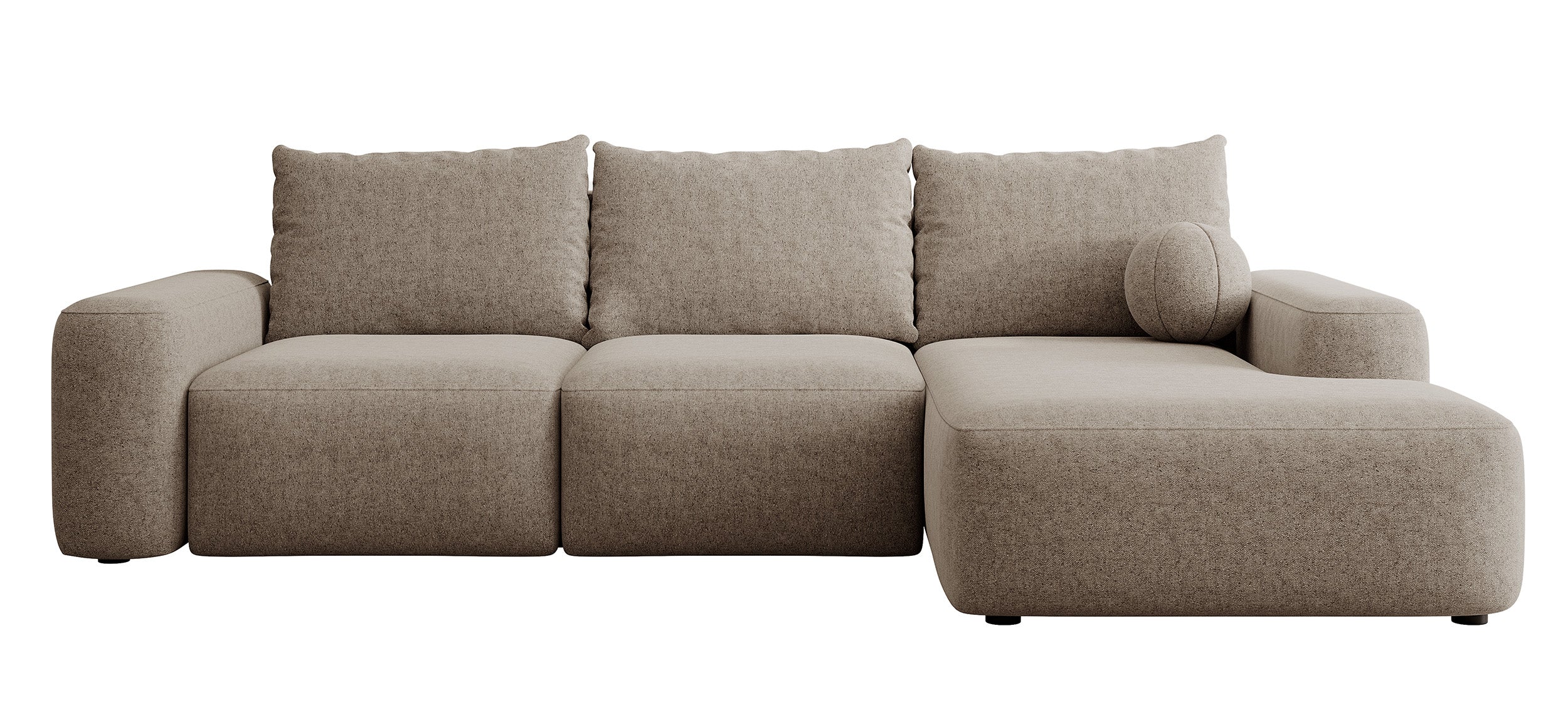 Ecksofa mit Schlaffunktion Carnos, L-förmig, mit Ball, einzelne Kissen, hellbrauner hydrophober Chenille, rechtsseitig