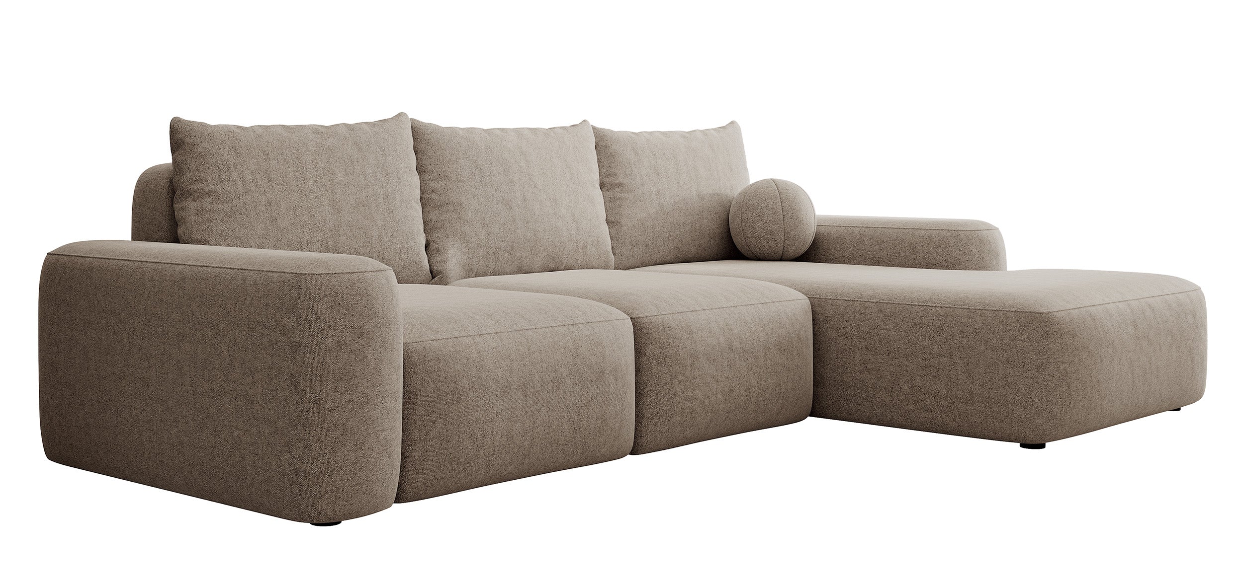 Ecksofa mit Schlaffunktion Carnos, L-förmig, mit Ball, einzelne Kissen, hellbrauner hydrophober Chenille, rechtsseitig
