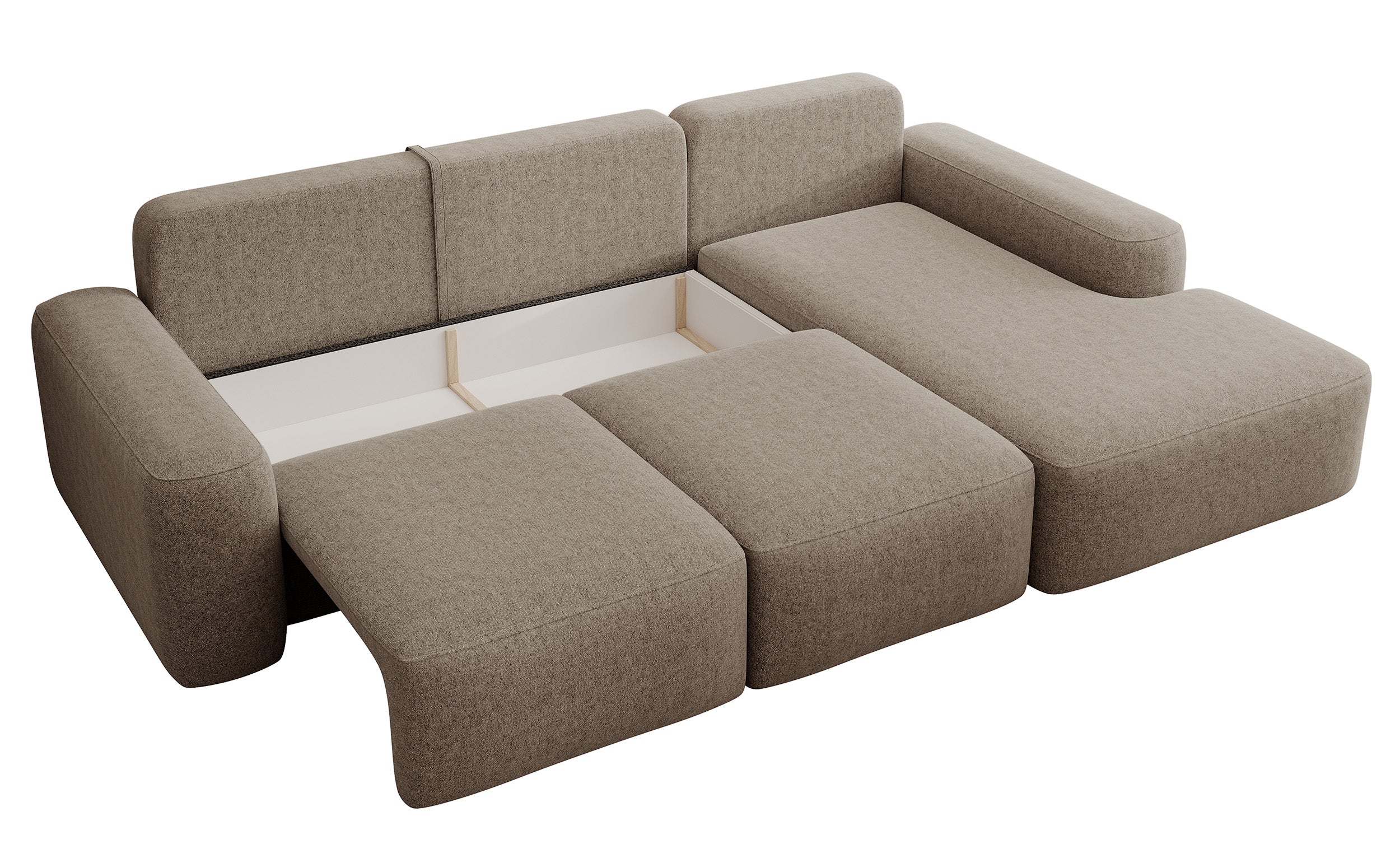 Ecksofa mit Schlaffunktion Carnos, L-förmig, mit zusätzlichen Lendenkissen, hellbrauner hydrophober Chenille, rechtsseitig