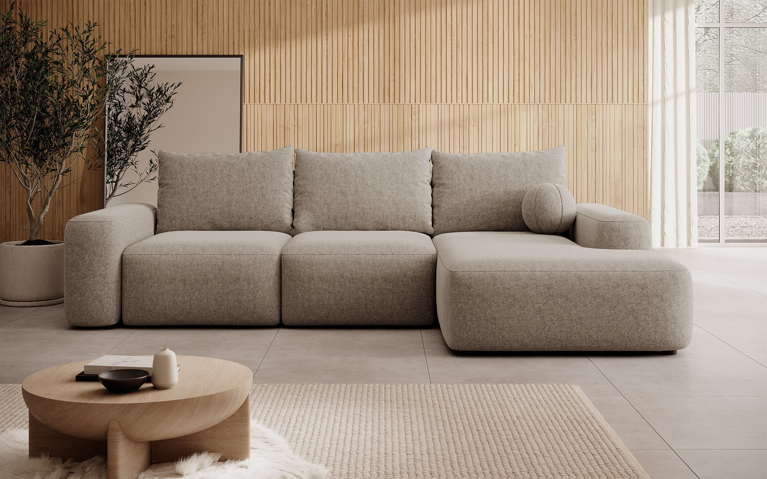 Ecksofa mit Schlaffunktion Carnos, L-förmig, mit Ball, einzelne Kissen, hellbrauner hydrophober Chenille, rechtsseitig