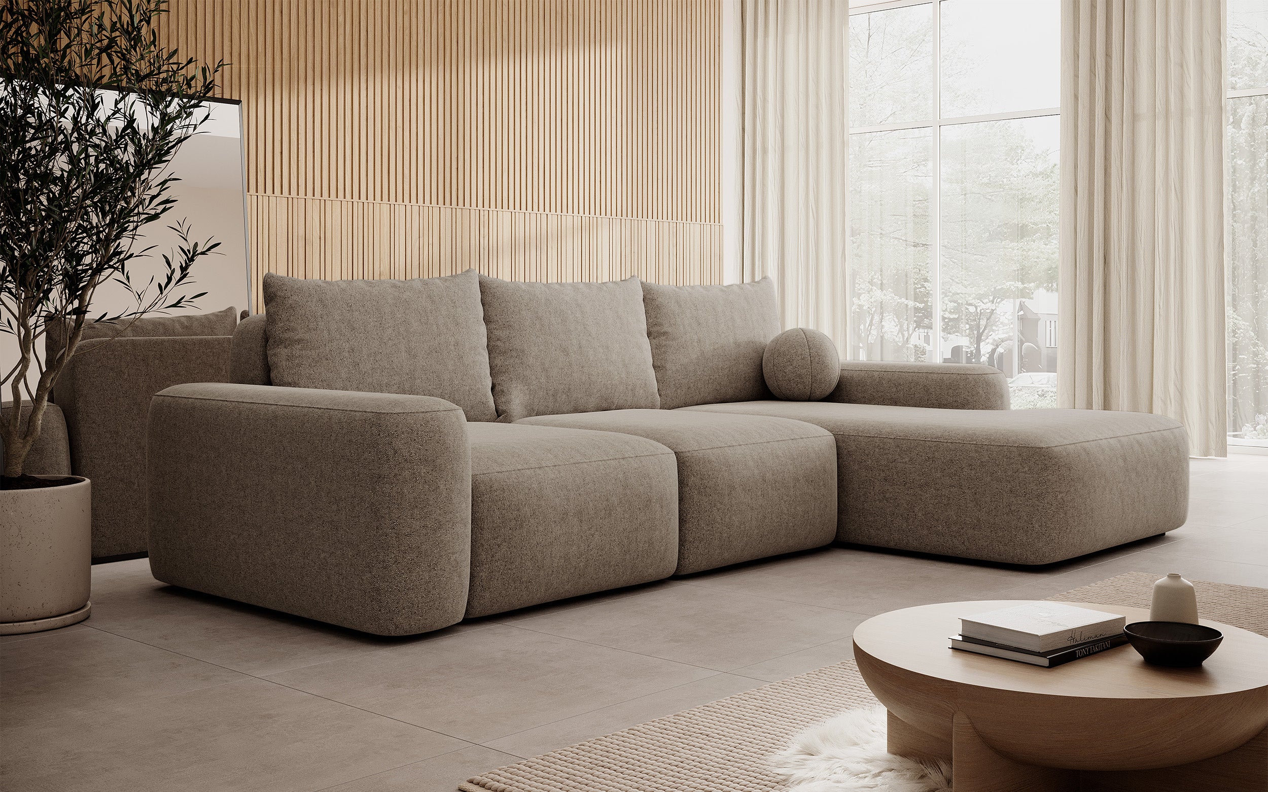 Ecksofa mit Schlaffunktion Carnos, L-förmig, mit Ball, einzelne Kissen, hellbrauner hydrophober Chenille, rechtsseitig