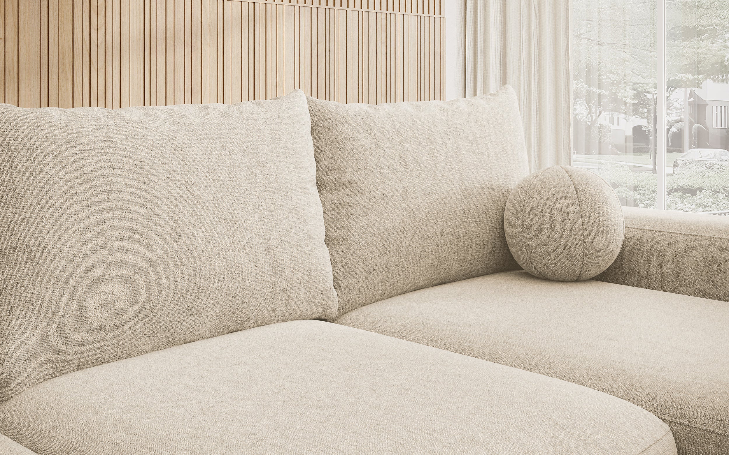 Ecksofa mit Schlaffunktion Carnos, L-förmig mit Ball, einzelne Kissen, beige hydrophobes Chenille, rechtsseitig