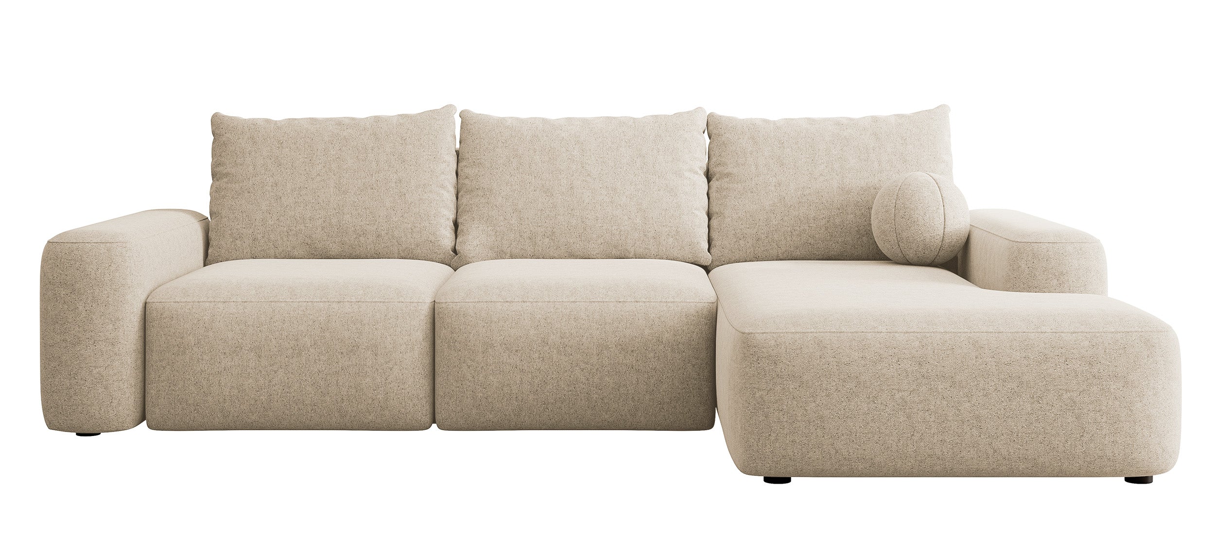 Ecksofa mit Schlaffunktion Carnos, L-förmig mit Ball, einzelne Kissen, beige hydrophobes Chenille, rechtsseitig