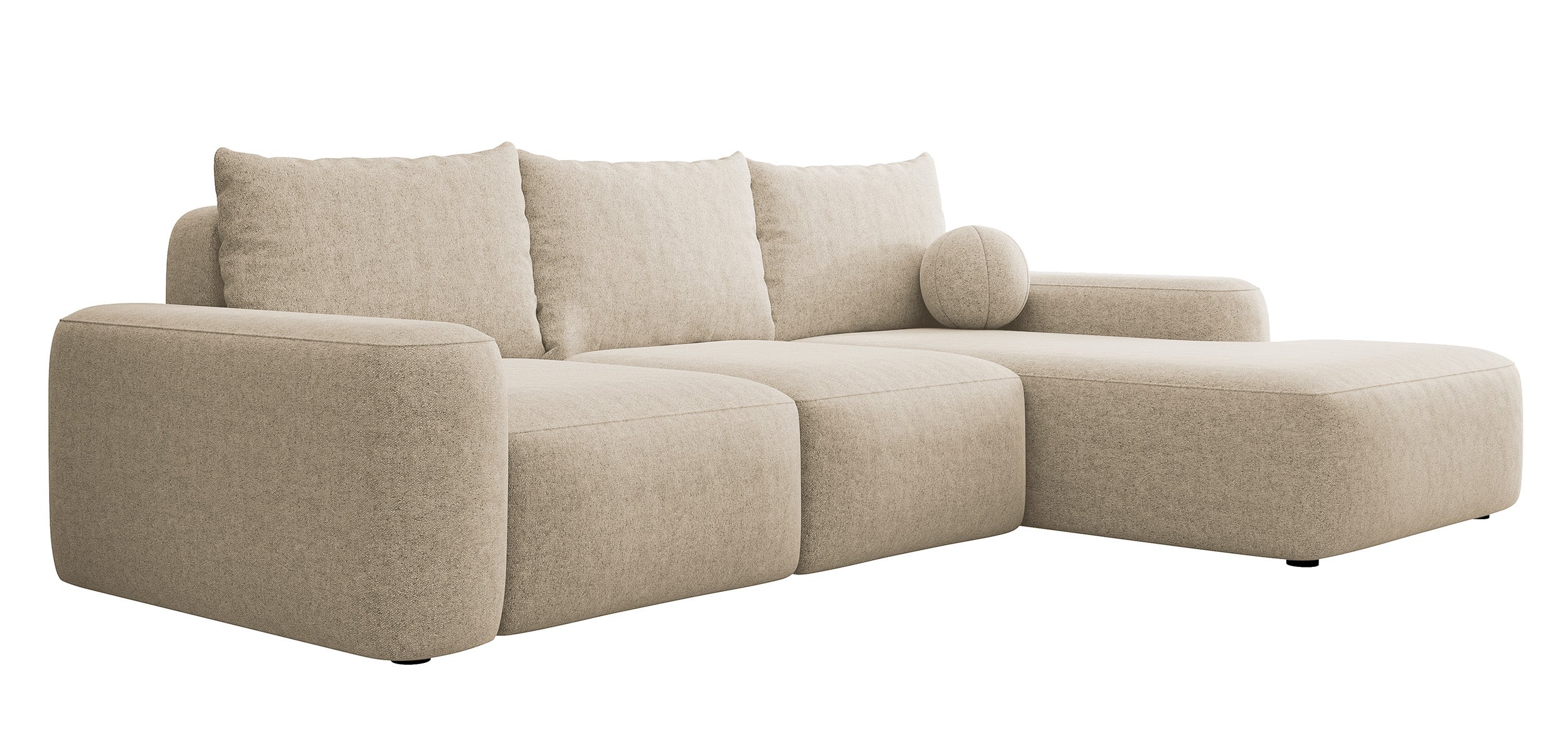 Ecksofa mit Schlaffunktion Carnos, L-förmig mit Ball, einzelne Kissen, beige hydrophobes Chenille, rechtsseitig