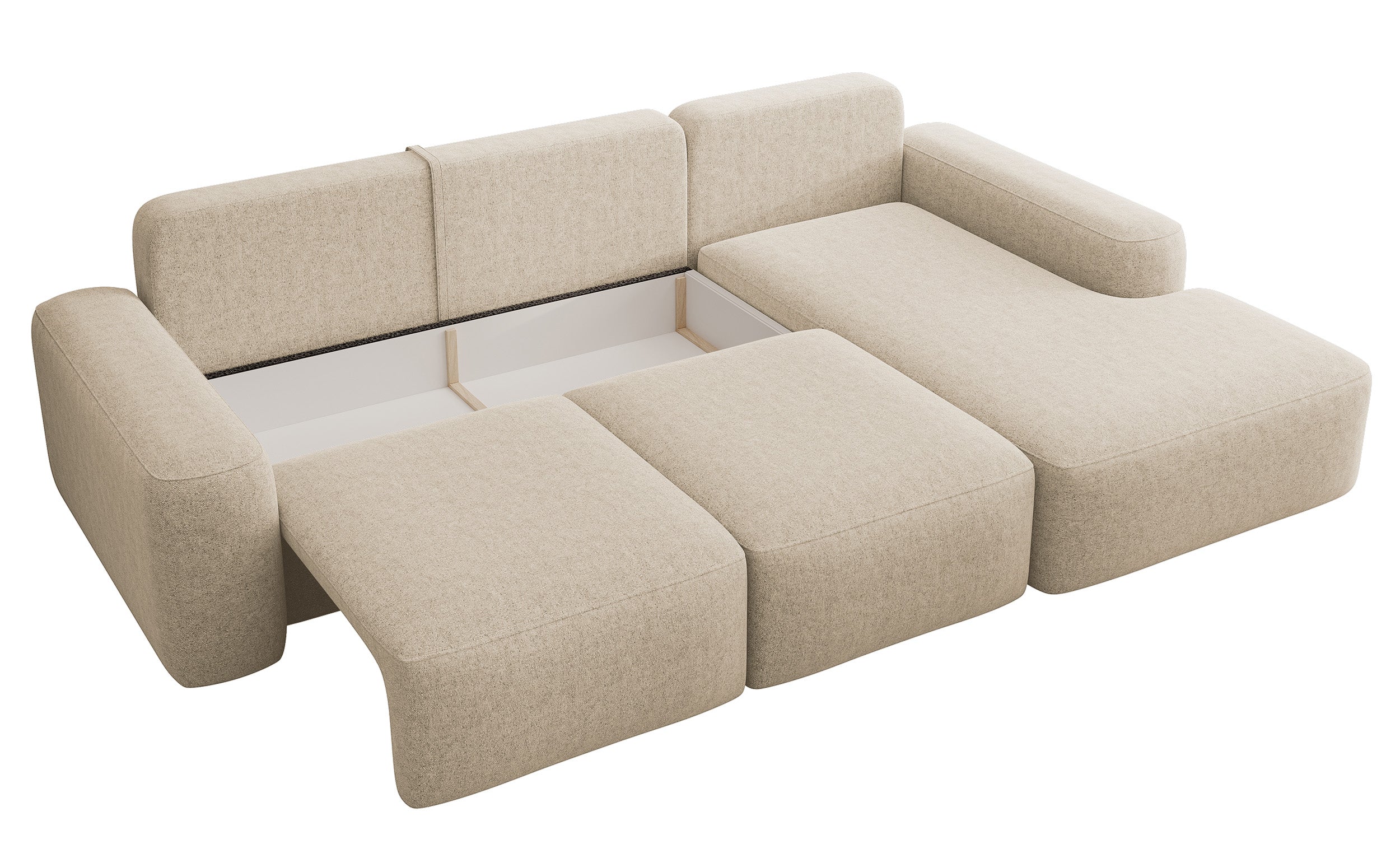 Ecksofa mit Schlaffunktion Carnos, L-förmig mit Ball, einzelne Kissen, beige hydrophobes Chenille, rechtsseitig