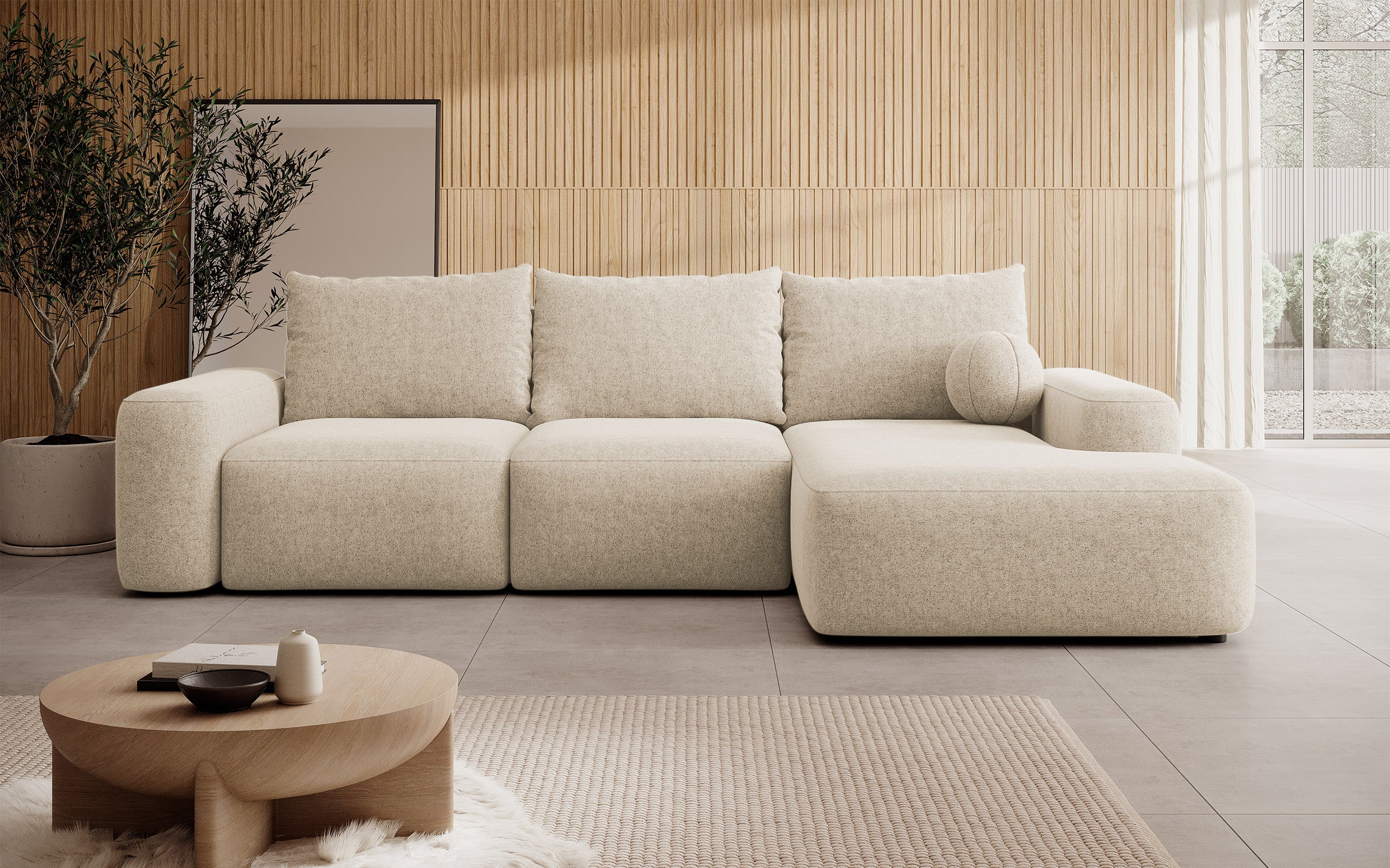 Ecksofa mit Schlaffunktion Carnos, L-förmig mit Ball, einzelne Kissen, beige hydrophobes Chenille, rechtsseitig