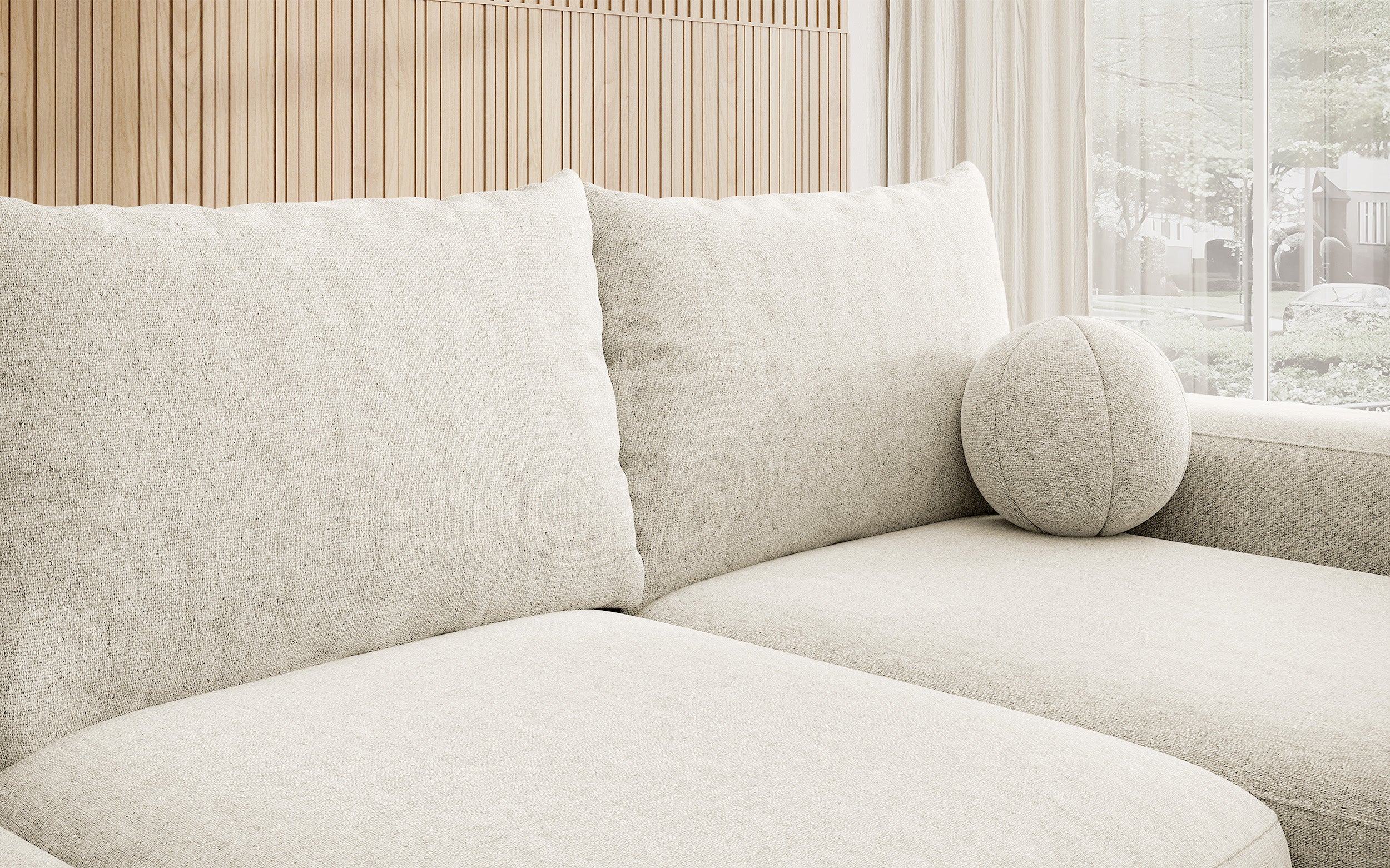 Ecksofa mit Schlaffunktion Carnos, L-förmig mit Ball, einzelne Kissen, cremefarbenes hydrophobes Chenille, rechtsseitig