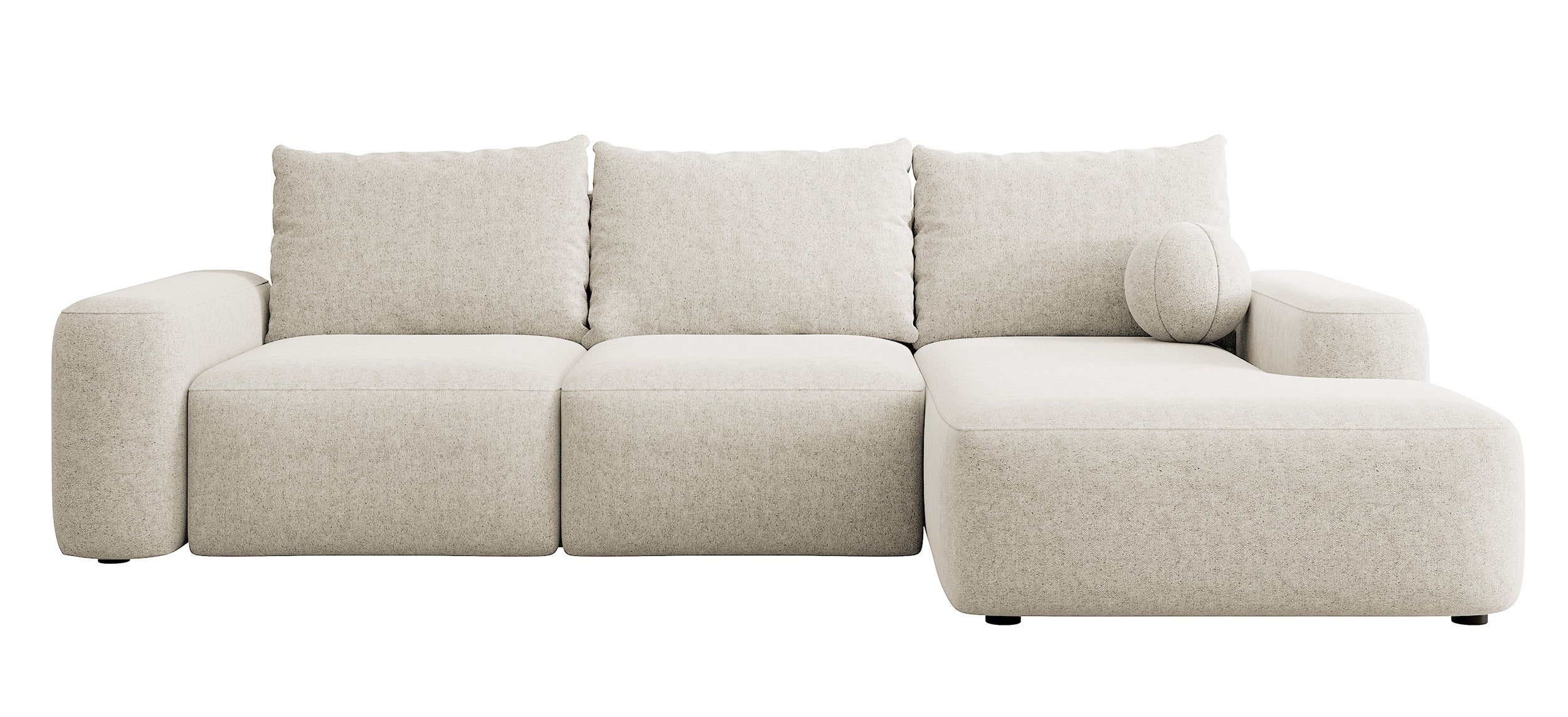 Ecksofa mit Schlaffunktion Carnos, L-förmig mit Ball, einzelne Kissen, cremefarbenes hydrophobes Chenille, rechtsseitig