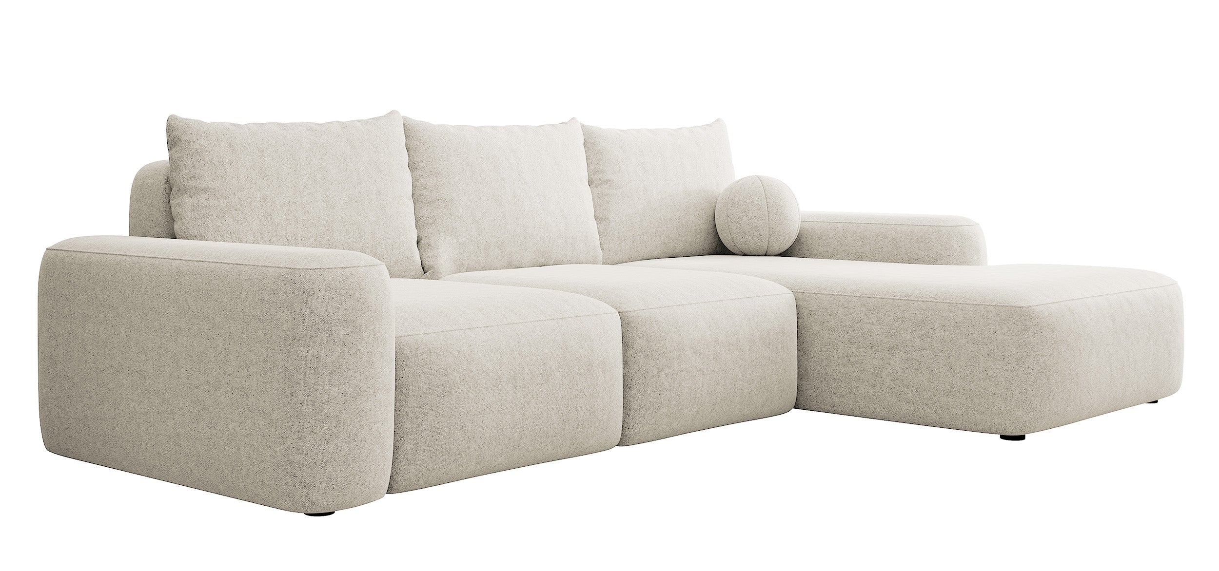 Ecksofa mit Schlaffunktion Carnos, L-förmig mit Ball, einzelne Kissen, cremefarbenes hydrophobes Chenille, rechtsseitig
