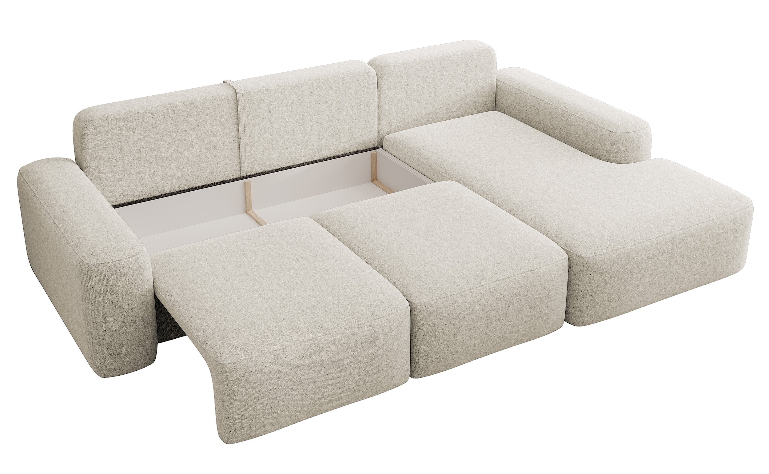 Ecksofa mit Schlaffunktion Carnos, L-förmig mit Ball, einzelne Kissen, cremefarbenes hydrophobes Chenille, rechtsseitig
