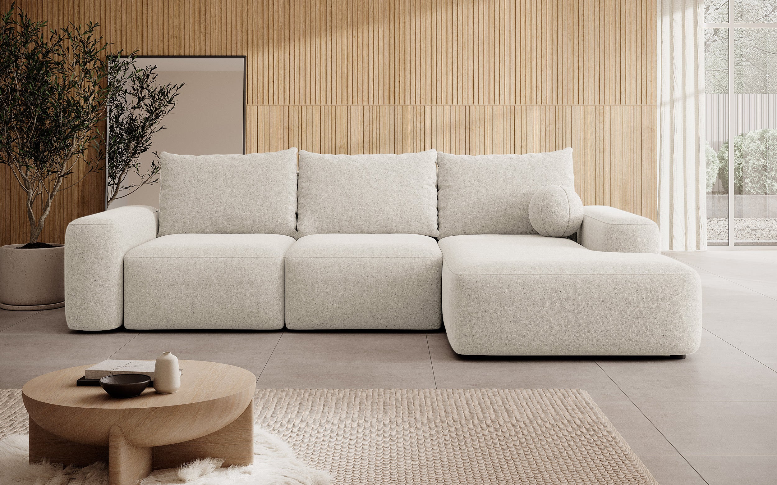 Ecksofa mit Schlaffunktion Carnos, L-förmig mit Ball, einzelne Kissen, cremefarbenes hydrophobes Chenille, rechtsseitig