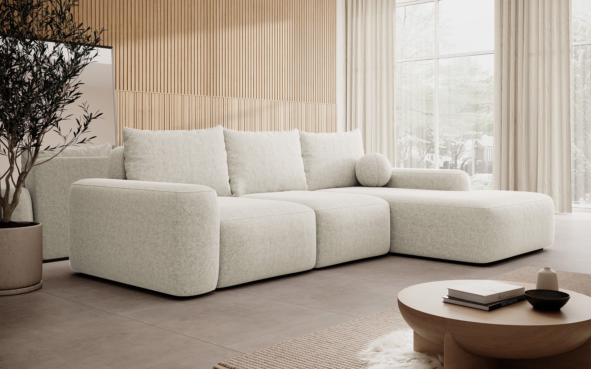 Ecksofa mit Schlaffunktion Carnos, L-förmig mit Ball, einzelne Kissen, cremefarbenes hydrophobes Chenille, rechtsseitig