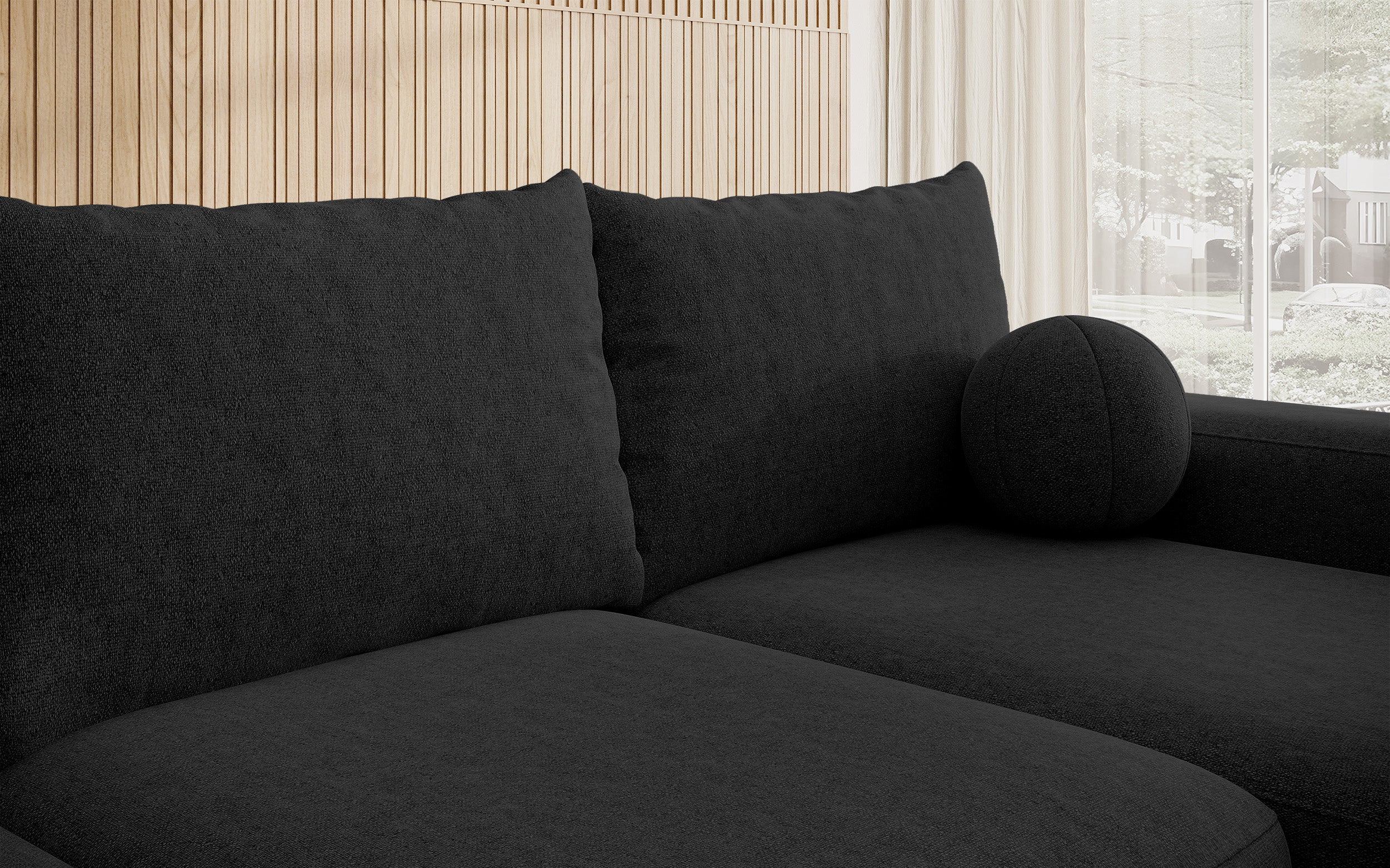 Ecksofa mit Schlaffunktion Carnos, L-förmig mit Ball, einzelne Kissen, schwarzer hydrophober Chenille-Stoff, rechtsseitig