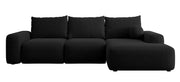 Ecksofa mit Schlaffunktion Carnos, L-förmig mit Ball, einzelne Kissen, schwarzer hydrophober Chenille-Stoff, rechtsseitig