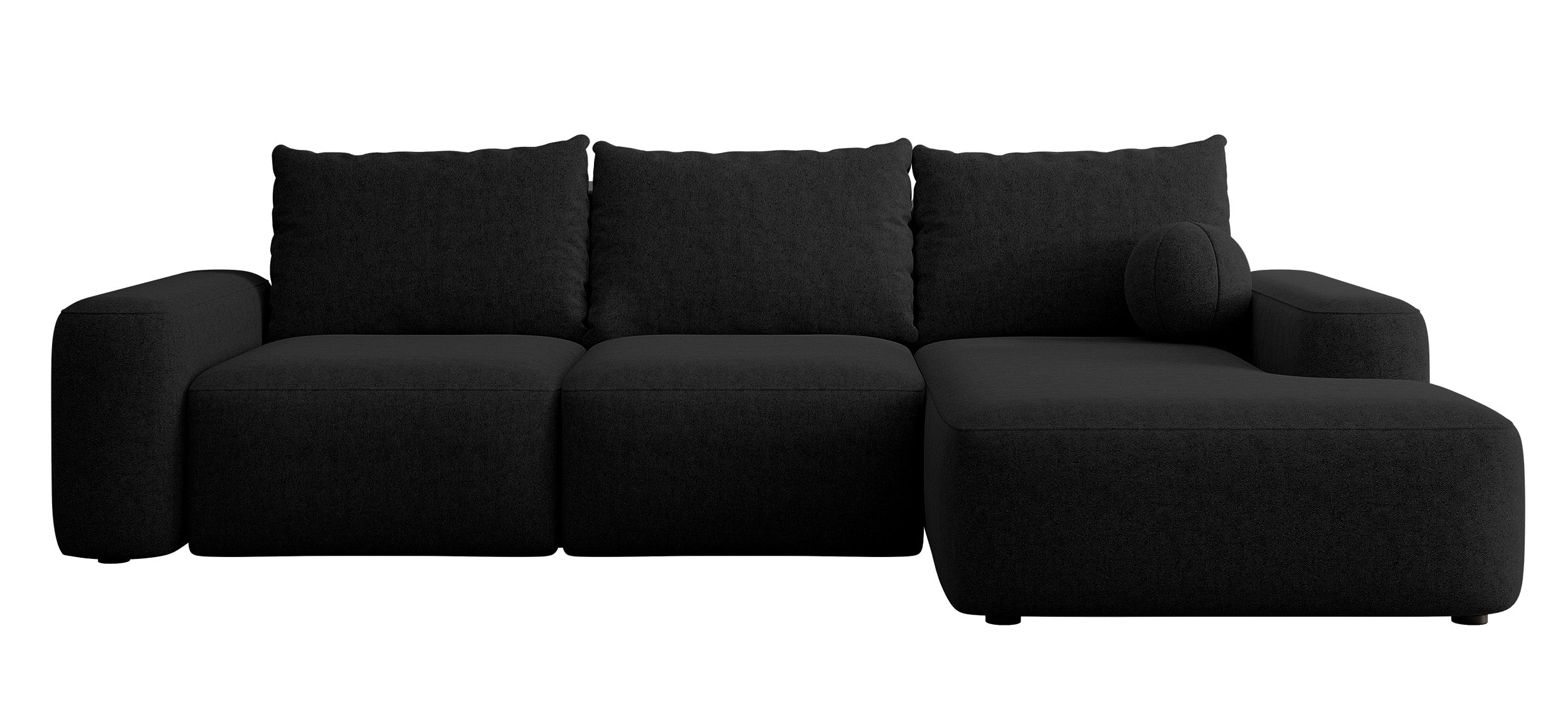 Ecksofa mit Schlaffunktion Carnos, L-förmig mit Ball, einzelne Kissen, schwarzer hydrophober Chenille-Stoff, rechtsseitig