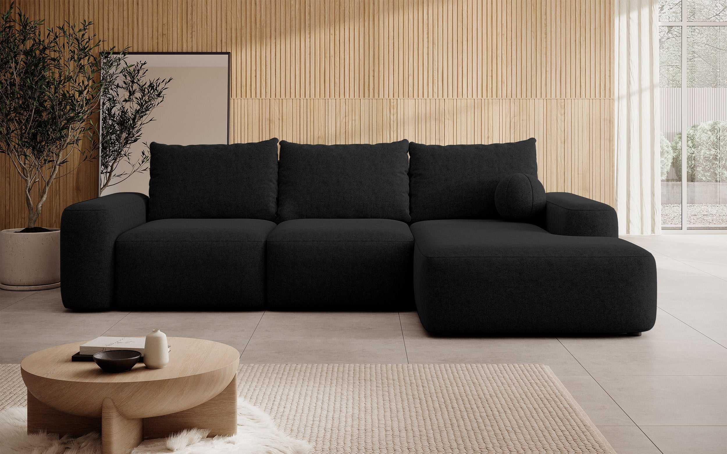 Ecksofa mit Schlaffunktion Carnos, L-förmig mit Ball, einzelne Kissen, schwarzer hydrophober Chenille-Stoff, rechtsseitig