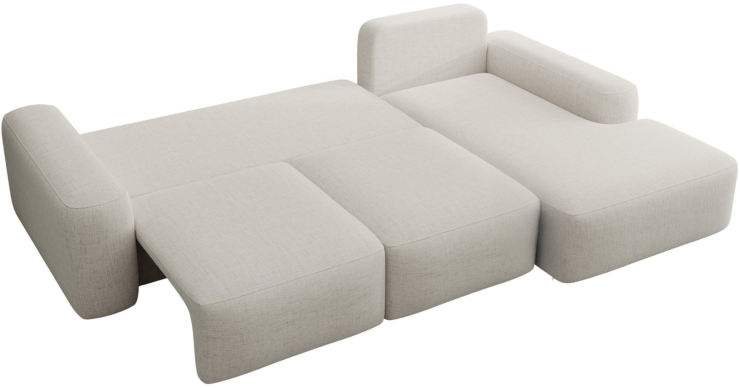Ecksofa mit Schlaffunktion Carnos, L-förmig mit Ball, einzelne Kissen, cremefarbenes hydrophobes Chenille, rechtsseitig