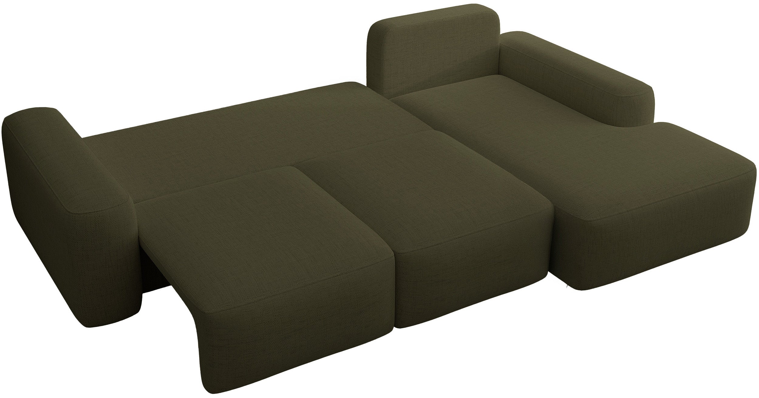 Ecksofa mit Schlaffunktion Carnos, L-förmig, mit Ball, einzelne Kissen, olivgrüner hydrophober Chenille-Stoff, rechtsseitig